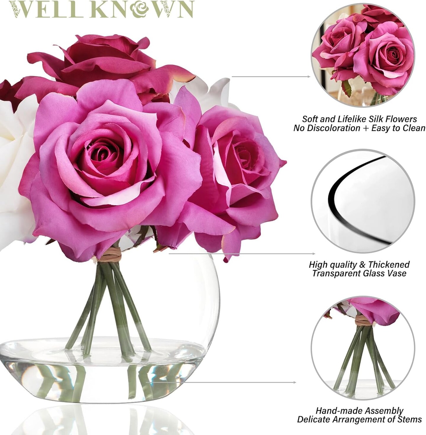 Silk Rose Artificial Flowers with Vase Artificial Rose Flower Arrangements in Round Glass Vase with Faux Water for Home Office Hotel Wedding Party Dinning Table Decor Gift (White &#x26; Pink)