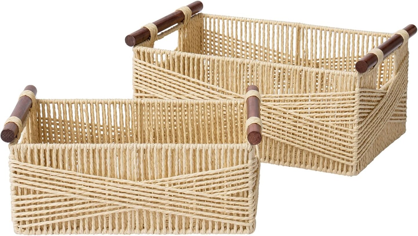 Summer Storage Baskets for Organizing, Recyclable Paper Rope Basket with Wood Handles, Decorative Hand Woven Basket Organizers for Makeup Books Shelves Living Room, Beige, Set of 2