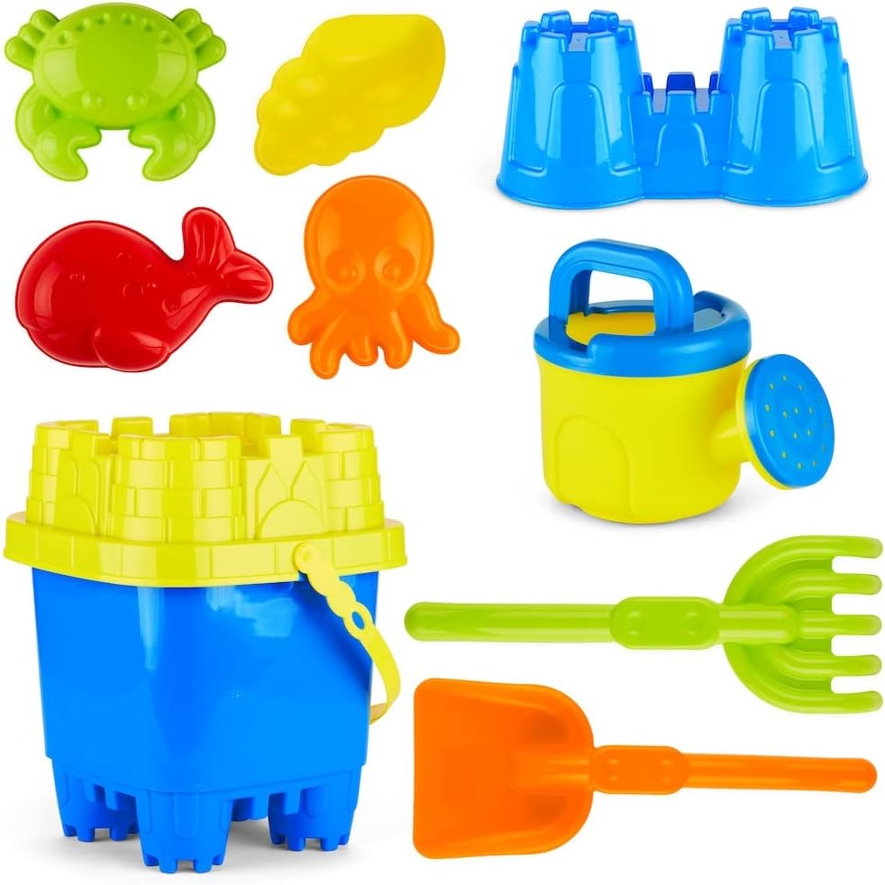 10 Piece Beach Sand Toys Set for Kids - Bucket with Sifter, Shovel, Rake, Watering Can, 5 Animal and Castle Sand Molds for Kids & Toddlers - Sand Buckets and Shovels for Kids, Beach Toy Set
