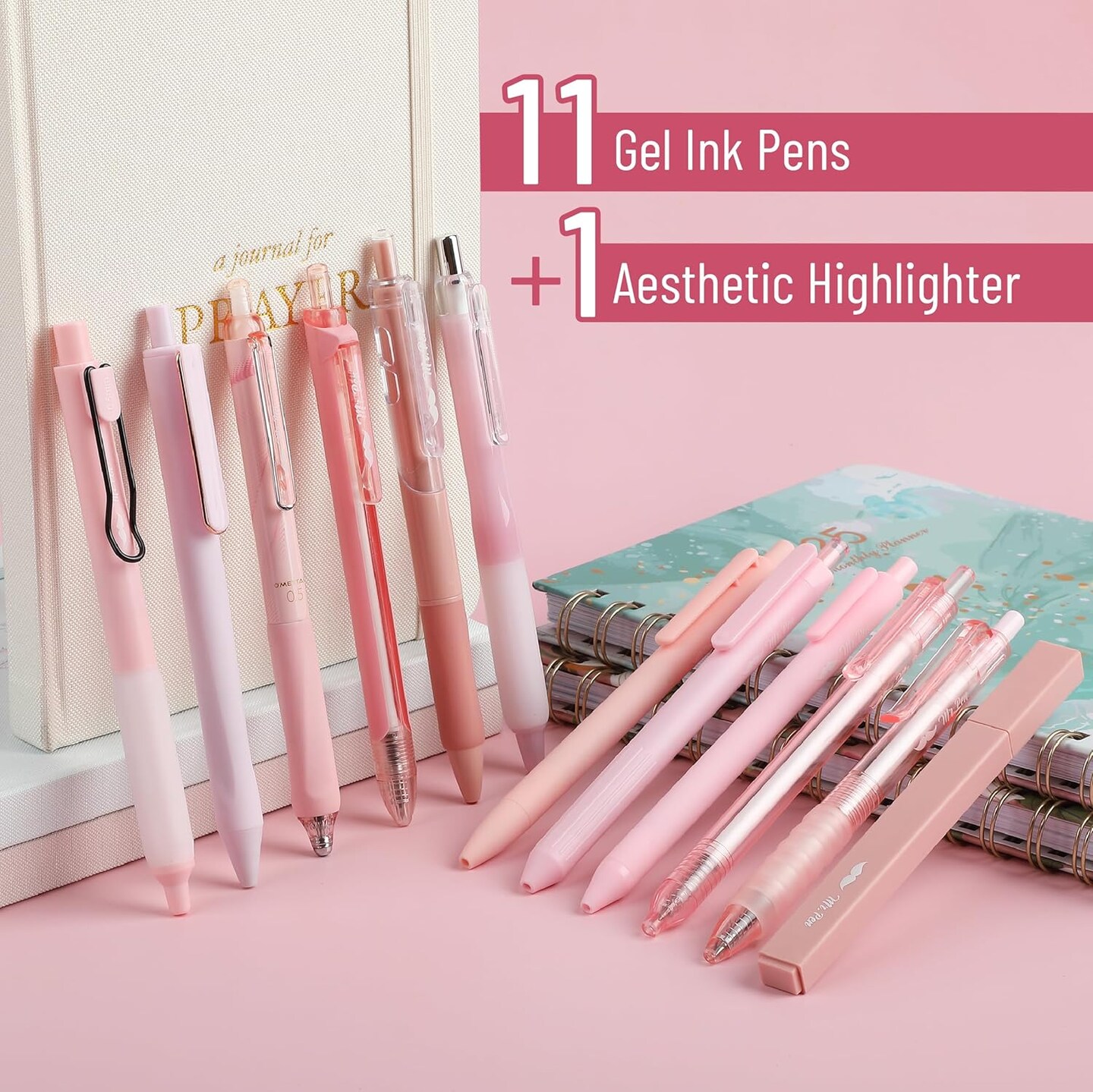 Gel Ink Pink Pen Set, 12 Pack, 1 x Aesthetic Highlighter, 0.5mm Cute Pink Pens Black Ink with Pastel Barrels