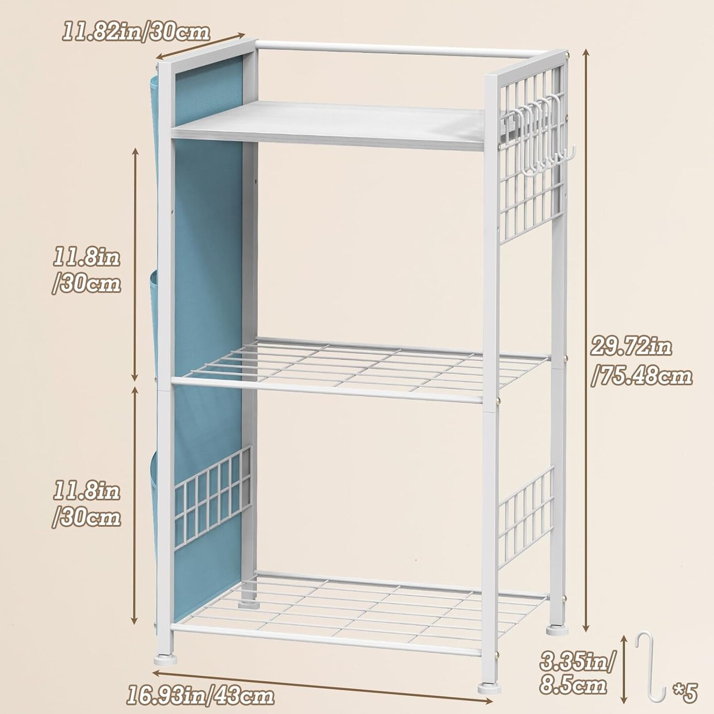 3-Tier Laundry Room Storage Rack with Hooks & Storage Bags - White Space-Saving Shelves for Detergent, Towels, Supplies - Multifunctional Organizer for Bathroom, Kitchen, Garage