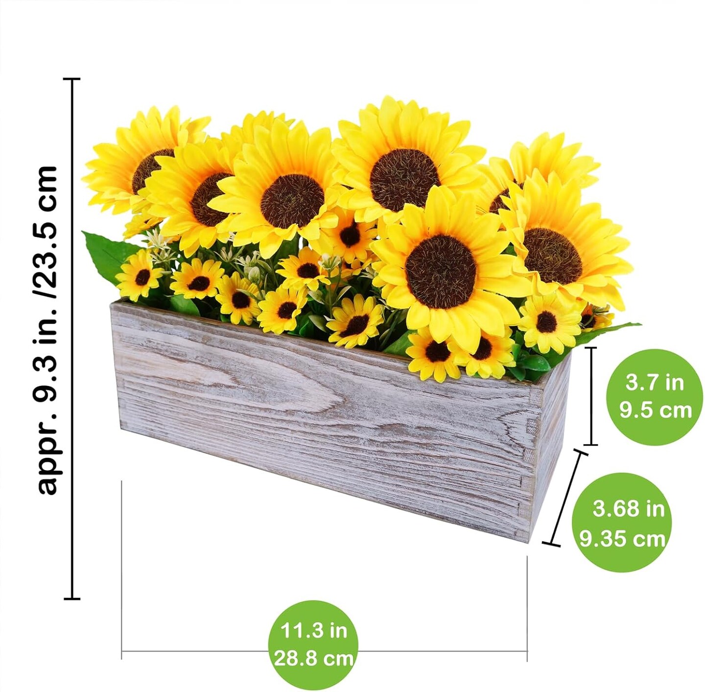 11&#x22; Rustic Sunflowers Arrangement Artificial Sunflower Bouquets in Rectangular Wooden Planter Yellow Sunflowers Summer Floral Centerpiece for Gift Farmhouse Country Kitchen Mantel Table D&#xE9;cor