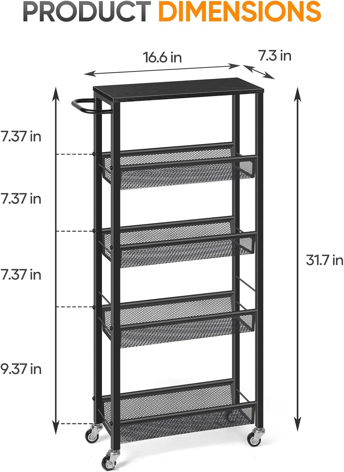 7.3&#x22; Slim Rolling Storage Cart with Handle - 5-Tier Narrow Metal Utility Cart on Lockable Wheels for Kitchen, Bathroom, Laundry Room - Black