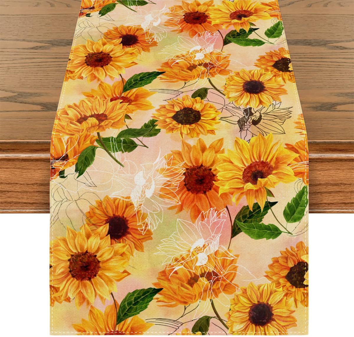 Summer Linen Rustic Watercolor Sunflower Table Runner Spring Flower Table Cover Spring Sunflower Decorations for Simple Life Home Party