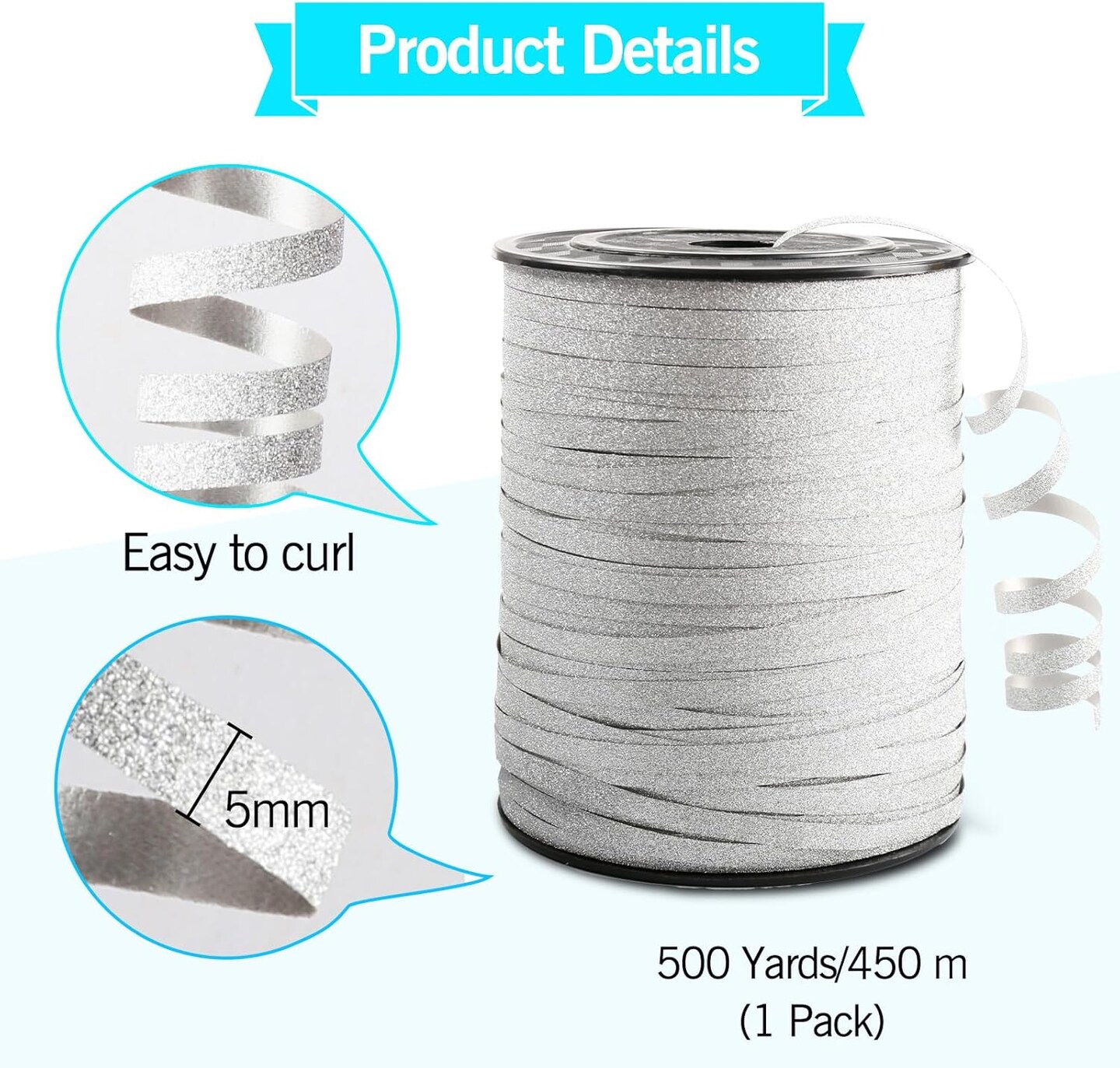 Silver Curling Ribbon, 500 Yard Christmas Glitter Curly Ribbon