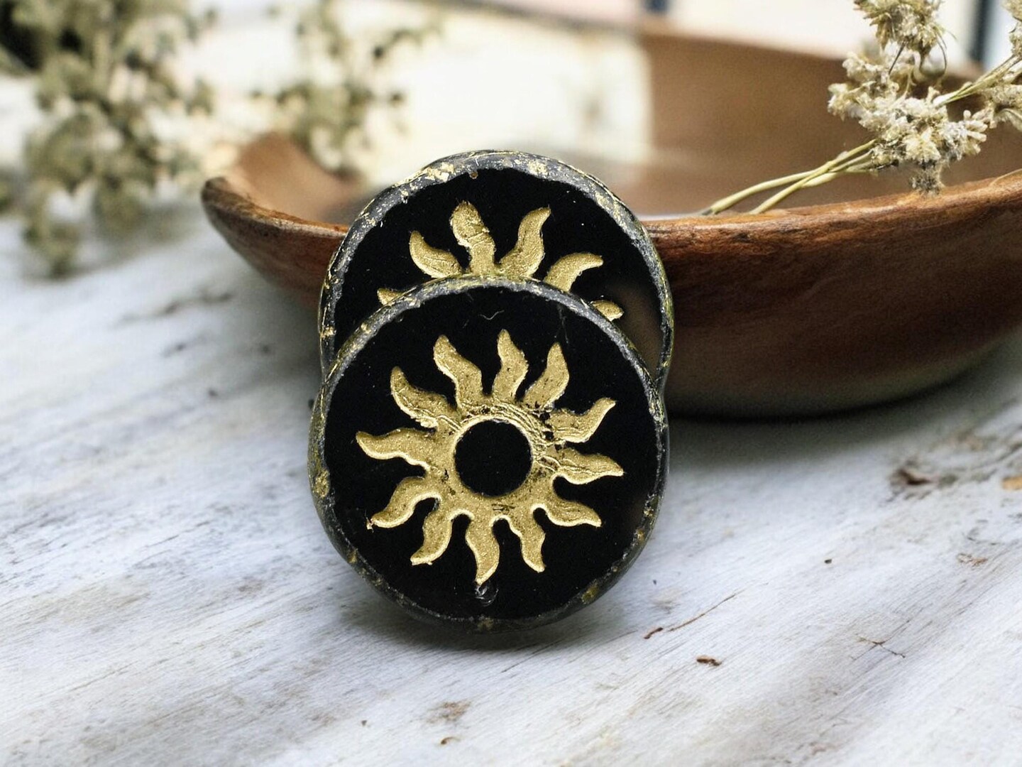 *2* 21mm Gold Washed Jet Picasso Table Cut Sun Design Coin Beads