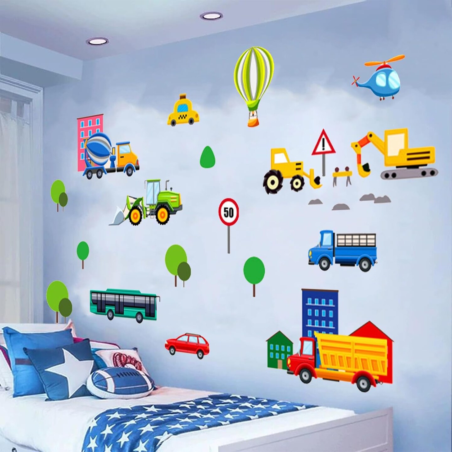 Glow in The Dark Cartoon Construction Vehicle Stickers,DIY Green Luminous City Car Truck Excavator Helicopter Wall Decals for Baby Nursery Boys Bedroom Playroom Wall Decor