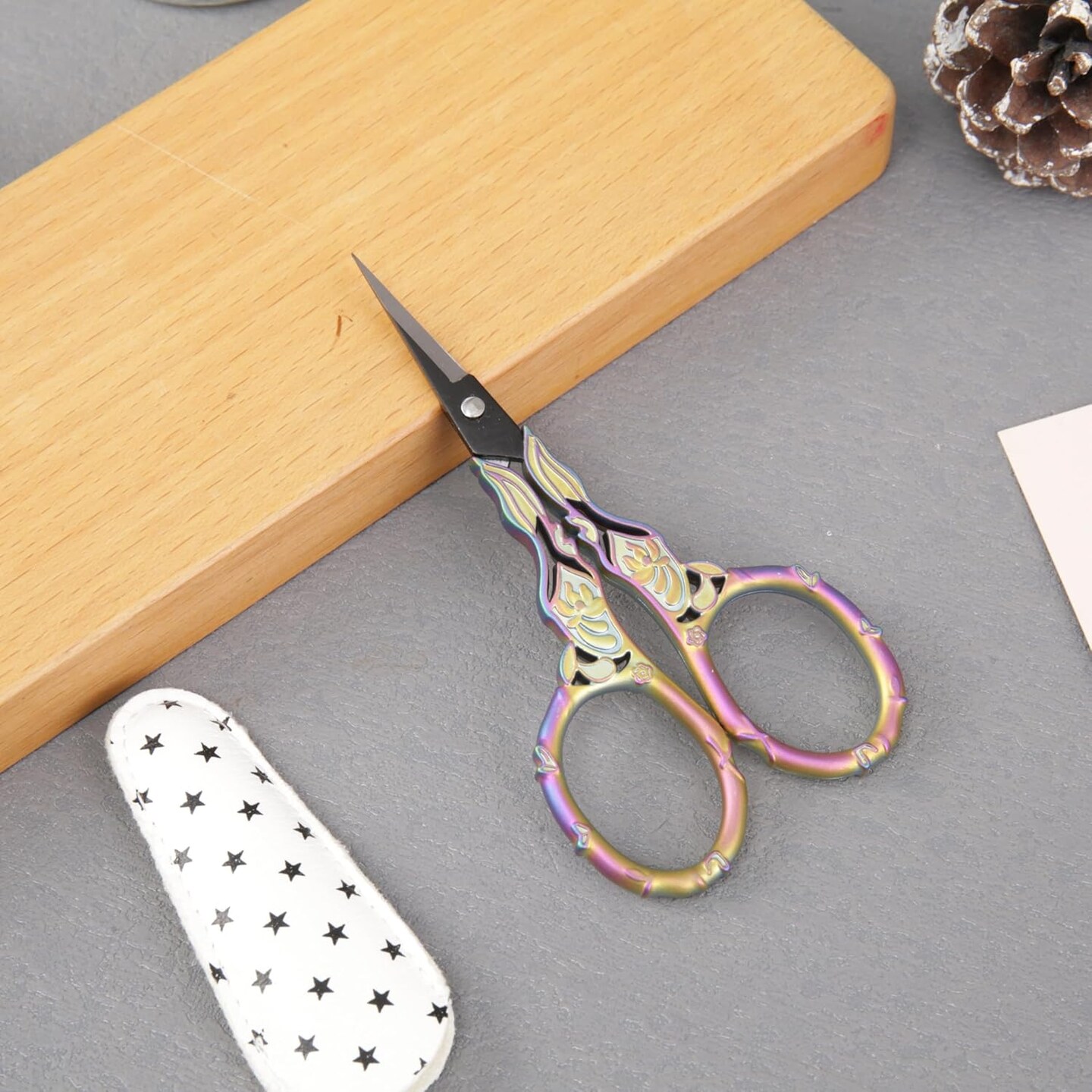 Small Rainbow Art Scissors with Beautiful Decos - Comfortable Handles and Sharp Tips for Crochet, Embroidery, and Sewing - Includes Protective Cover