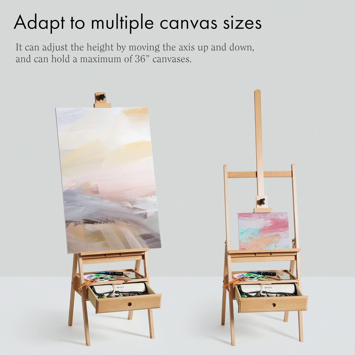 ARTIFY Large Wooden H-Frame Studio Easel with Artist Storage Drawer and Shelf, Sturdy Beechwood Canvas Holder Stand, Adjustable to 75&#x22; High