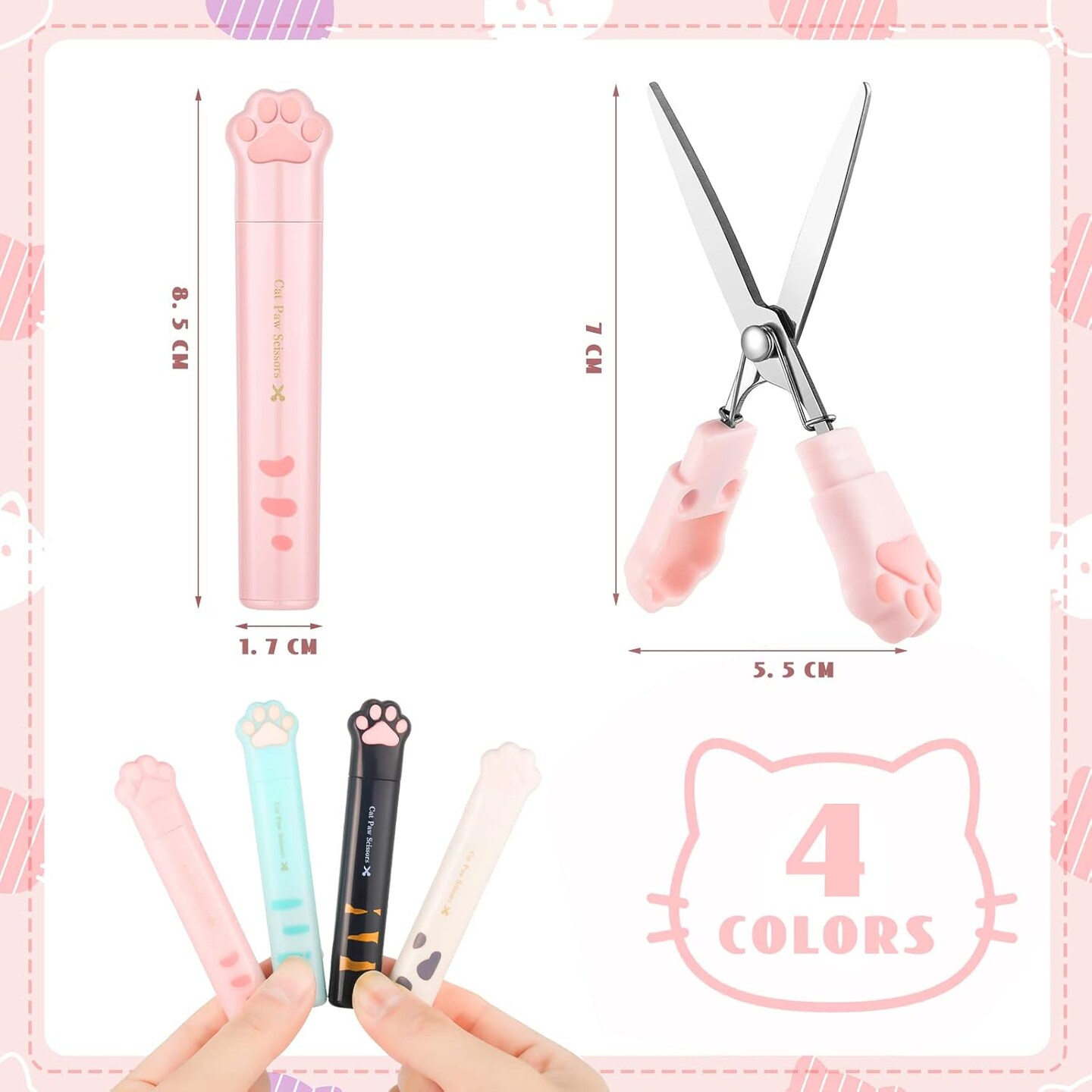 4 Pcs Cute Mini Cat Paw Scissors, Stainless Steel Fun Cartoon Portable Pocket Small Folding Safety Scissors for Paper Cutting, Scrapbooking, Crafting