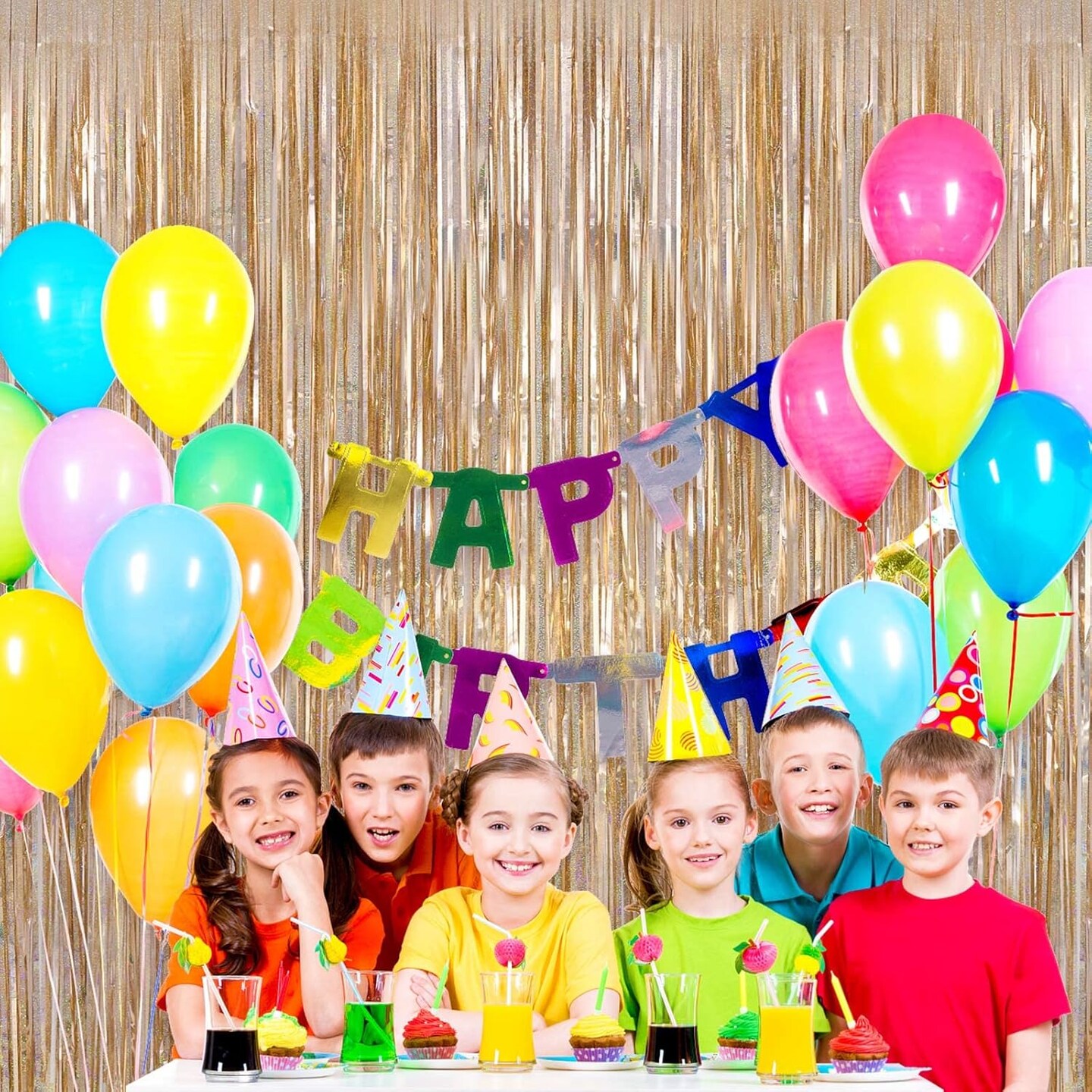 2-Pack Champagne Metallic Foil Fringe Curtains 3.3x8.2ft Party Backdrop Decorations