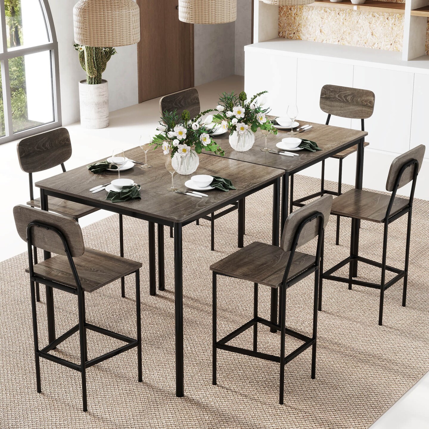 Costway 5-Piece Industrial Dining Table Set with Counter Height Table & 4 Bar Stools Black/Grey/Walnut