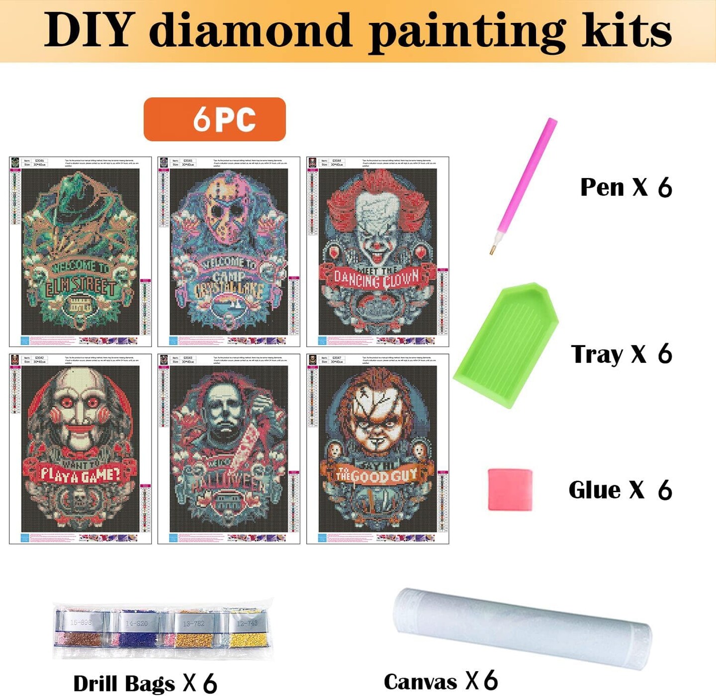 6 Pack Halloween Diamond Painting Kits for Adults - 5D Horror Diamond Art Kits for Adults,Full Drill Diamond Dots DIY Diamonds Pictures Gem Crafts for Home Wall Decor Gifts