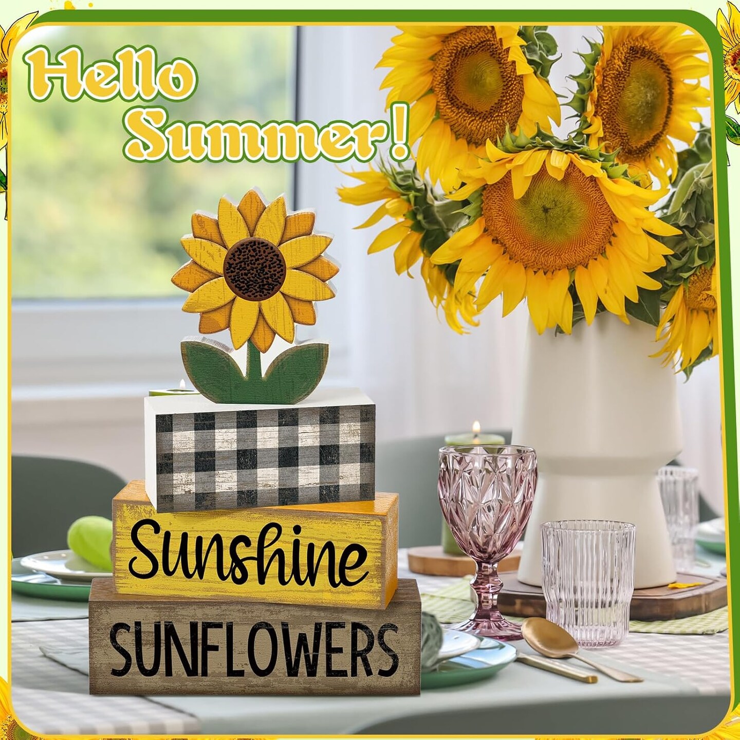4-Piece Sunflower Wooden Table Decor – Sunshine Tiered Tray Set with Faux Book Stack, Rustic Farmhouse Centerpieces for Coffee Table, Mantel & Shelf
