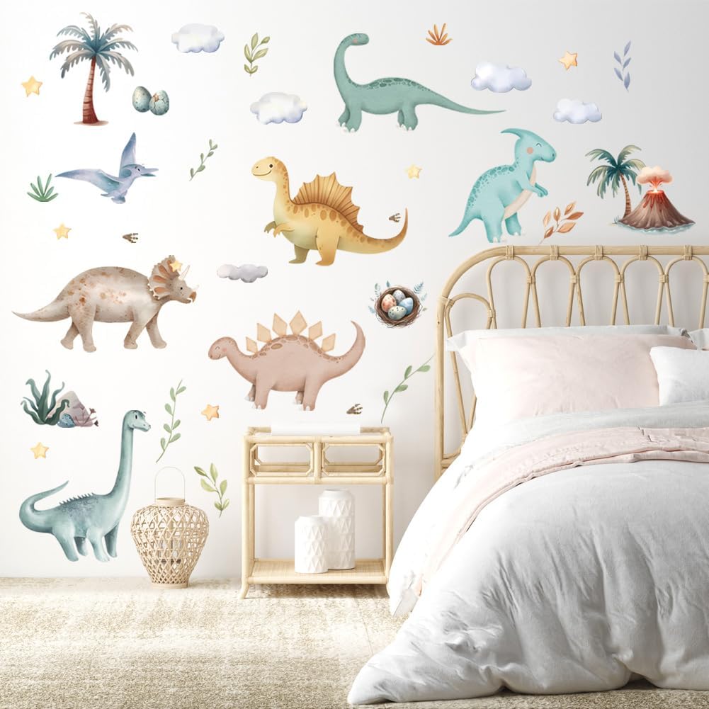 Dinosaur Wall Sticker Peel and Stick Dino Wall Decal Palm Tree Volcano Wall Stickers Green Plant Wall Decals Cute Animal Wall Art Decor for Kids Nursery Bedroom