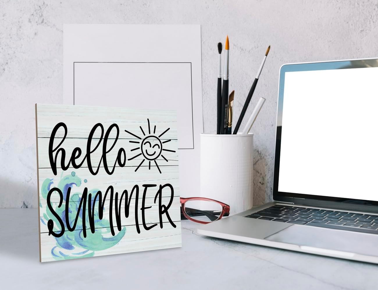 Hello Summer Wood Sign, Wood Plaque Table Art Sign, Summer Sunshine Sign, Decorative Wooden Table Sign, Summer Home Decor, Signs for Home Decor Shelf, Ocean Style Table Decor, Summer Lover Sign