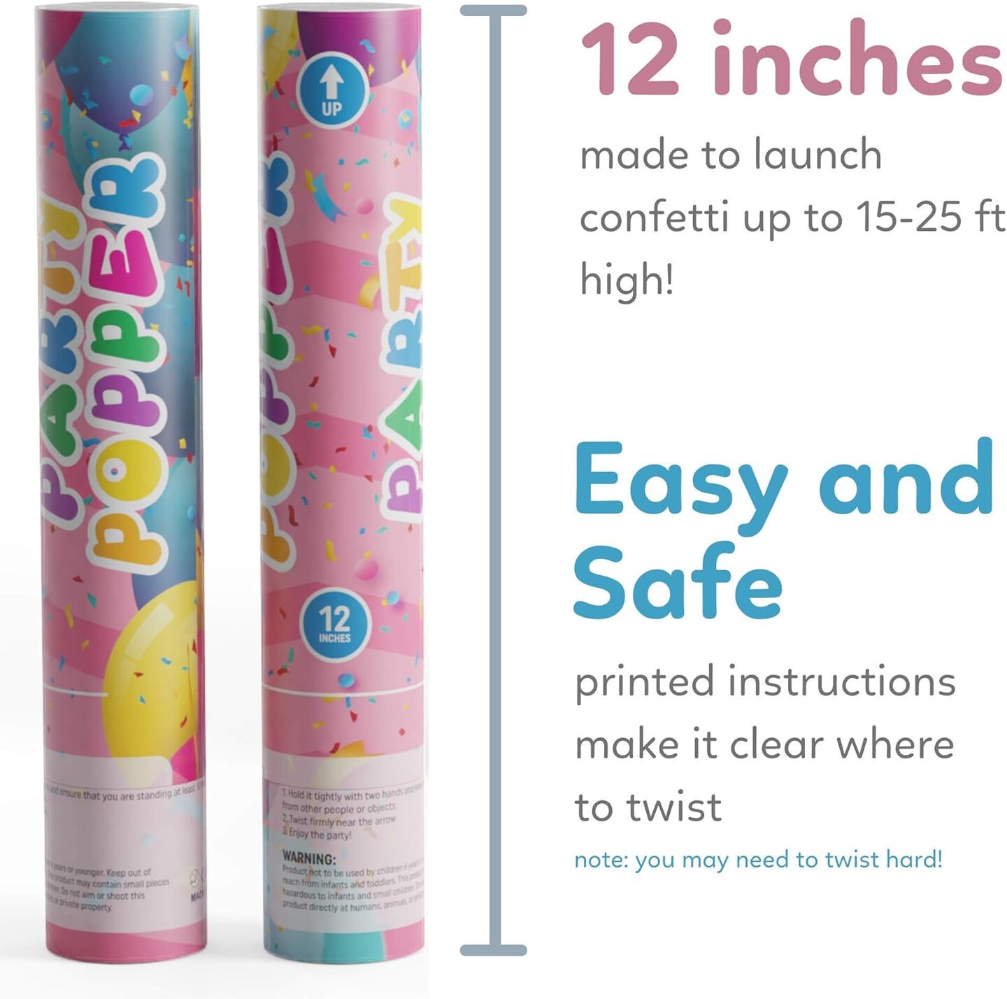 Confetti Poppers 12-Pack | Glitter Multicolor | 25ft Launch | 12" Size