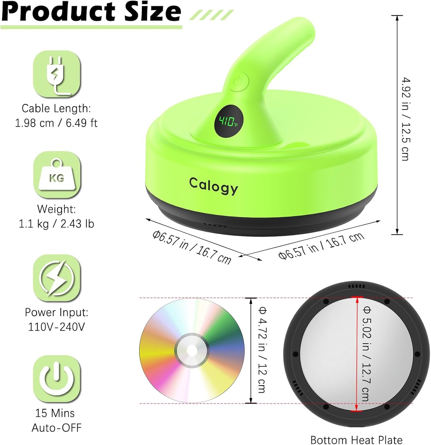 Mini Heat Press, 5&#x22; Diameter Round Heat Press Machine for T-Shirt Portable, 4 Levels Temp Max 410&#x2109;, Small Iron for Crafts, Coaster, Bag, Pillow, Ceramic, Sublimation Ink Vinyl Transfer (Green)