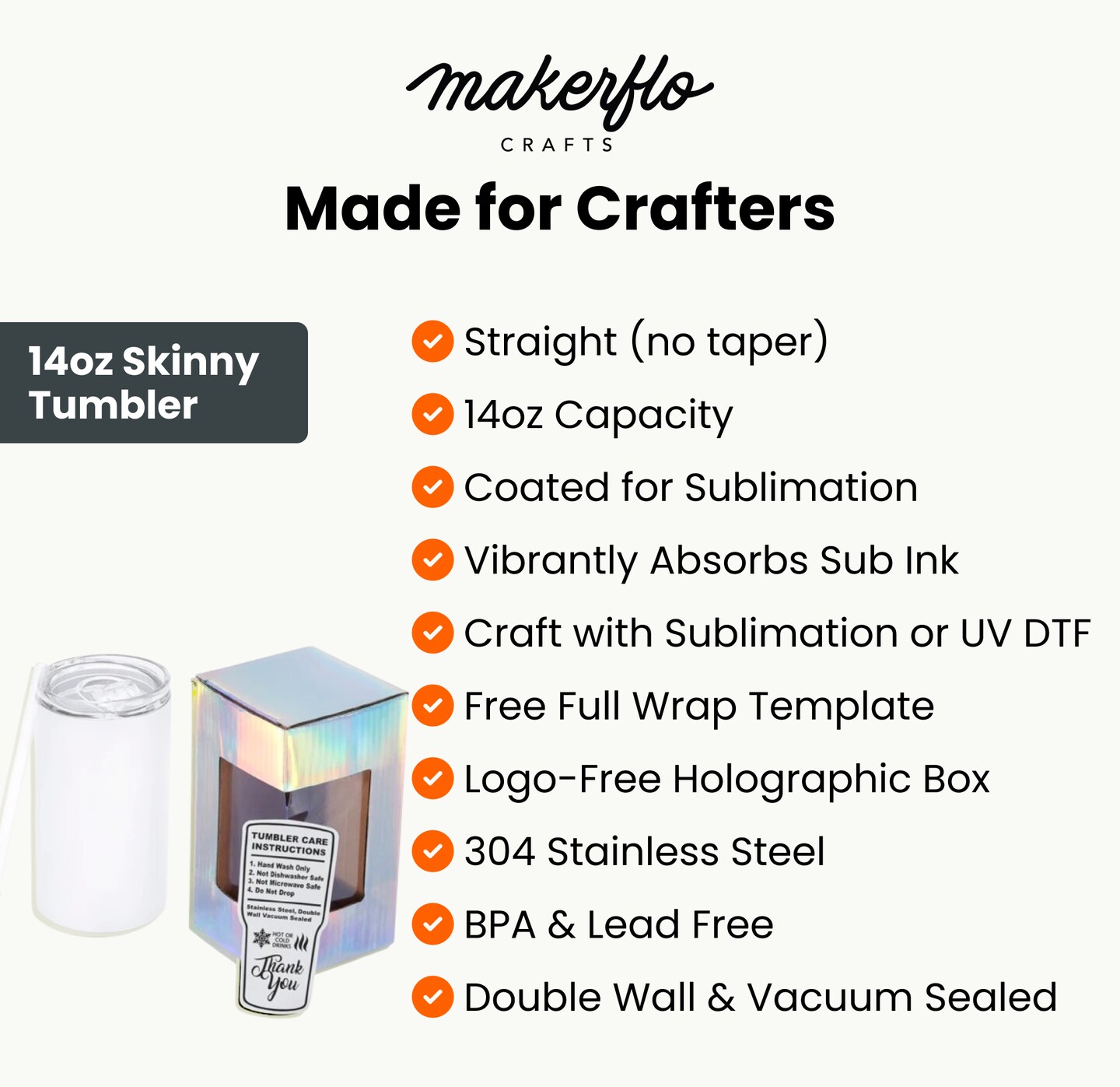 Makerflo 14 oz Skinny Sublimation Blank Tumbler with Lid and Straw - Pack of 25 | Craft-Ready for DIY Gifts & Personalization (Sublimation, Epoxy, UV DTF, Vinyl, and Laser Engraving)