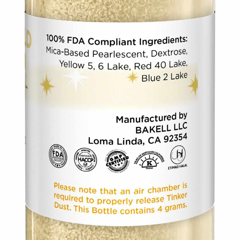 Bakell - Champagne Gold Tinker Dust Edible Glitter (4g, 1x Spray Pump) for Food, Desserts, and Beverages!