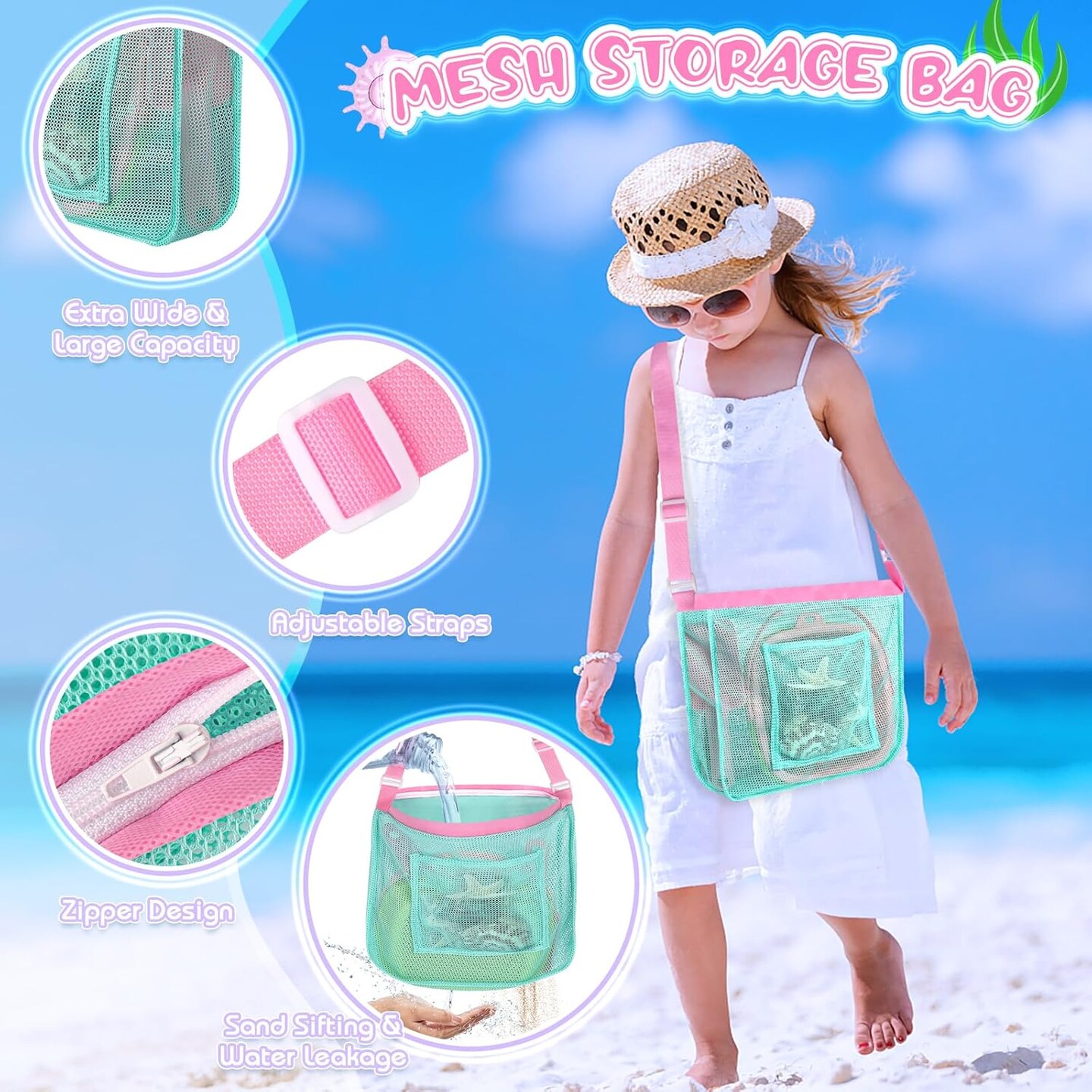 Summer Beach Toys, Sand Toys with Collapsible Beach Bucket, Beach Mesh Shovel, Sand Sifter and Mesh Bag for Shell Collecting, Shark Tooth Sifter Sand Dipper Beach Scoop for Kids Adults Boys Girls