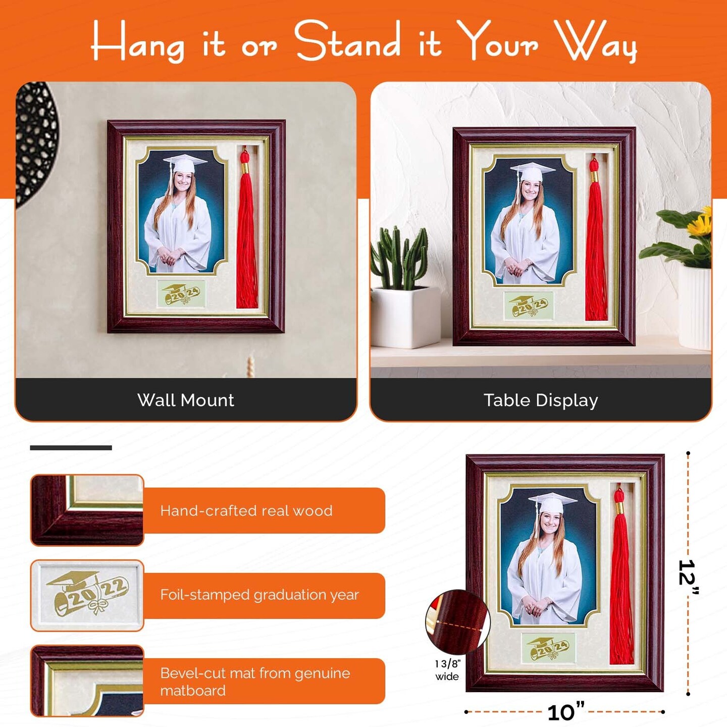 iFrame Graduation Photo &#x26; Tassel Frame I 5x7 Picture Frame I Customizable Grade Class Year | Real Wood Cherry, Black and Walnut Finish I Wall Mount &#x26; Tabletop Graduation Frame | Made in USA