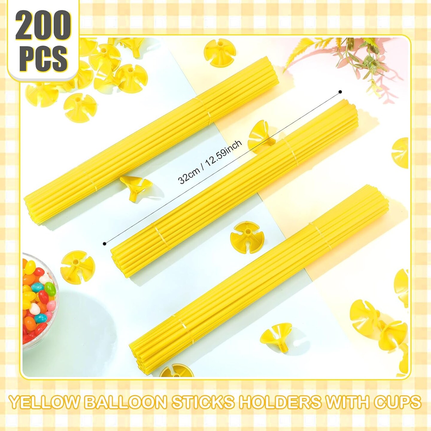 200 Pcs Balloon Sticks 12.6 Inch Plastic Balloon holders and Cup for Christmas Decoration Party Birthday Party Wedding Anniversary Decorations(Yellow)