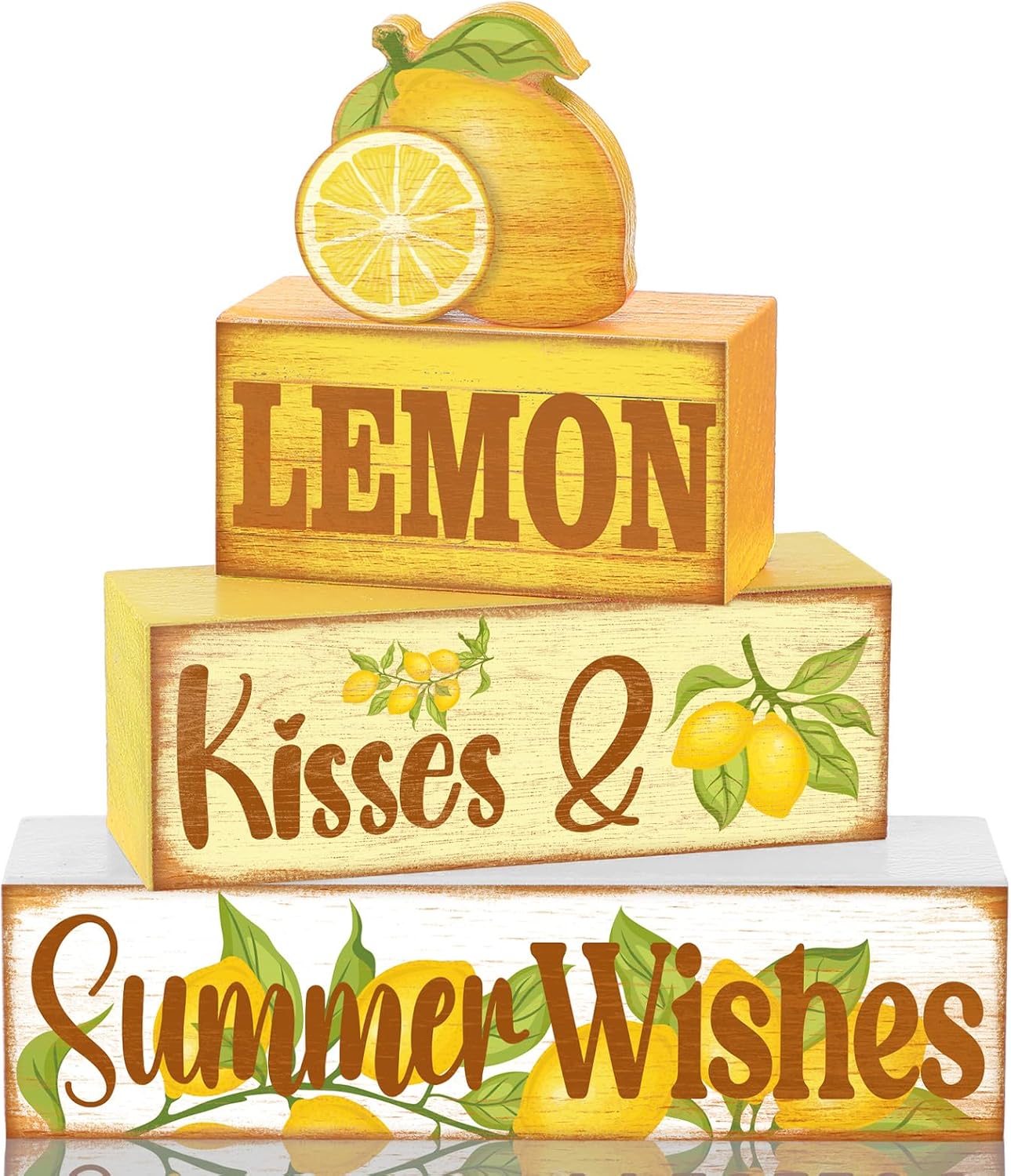 4-Piece Lemon Summer Tiered Tray Decor – Rustic Wooden Signs & Faux Book Stack Farmhouse Table Centerpiece for Mantel, Shelf & Fireplace