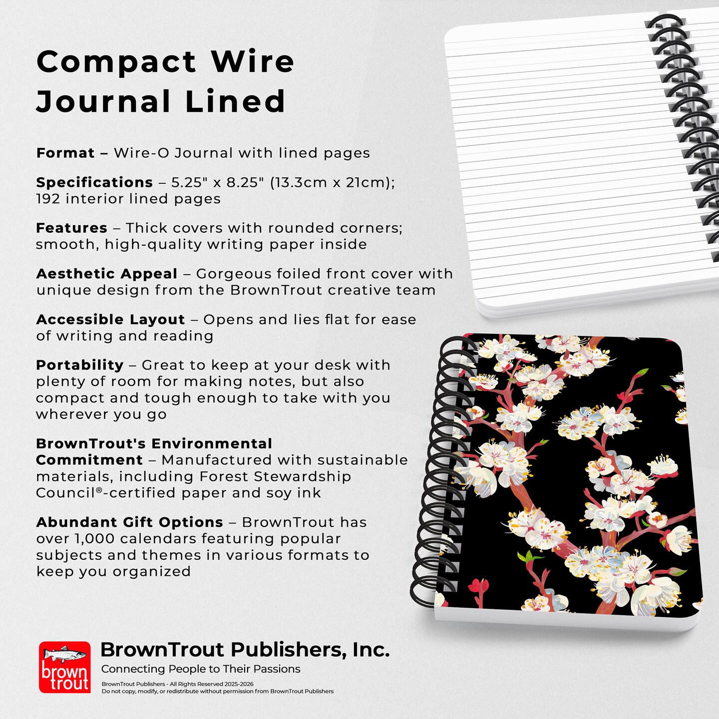 Black Floral | 5.25x8.25 Inch Compact Wire Journal | Non-Dated | Foil Stamped Cover
