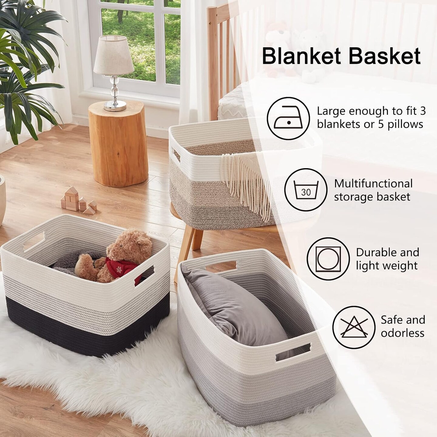 Summer Basket, 22&#x201D;x17&#x201D;x12&#x201D; Rectangle Woven Baskets, Nursery Blanket Storage Living Room, Toy Storage With Handle, Large Baskets for Organizing-Gradient Yellow