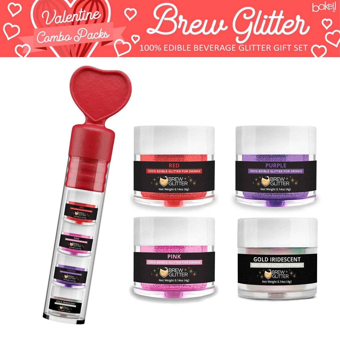 Valentine's Day Collection Edible Glitter Beverage Heart Gift Pack (4PC Set)