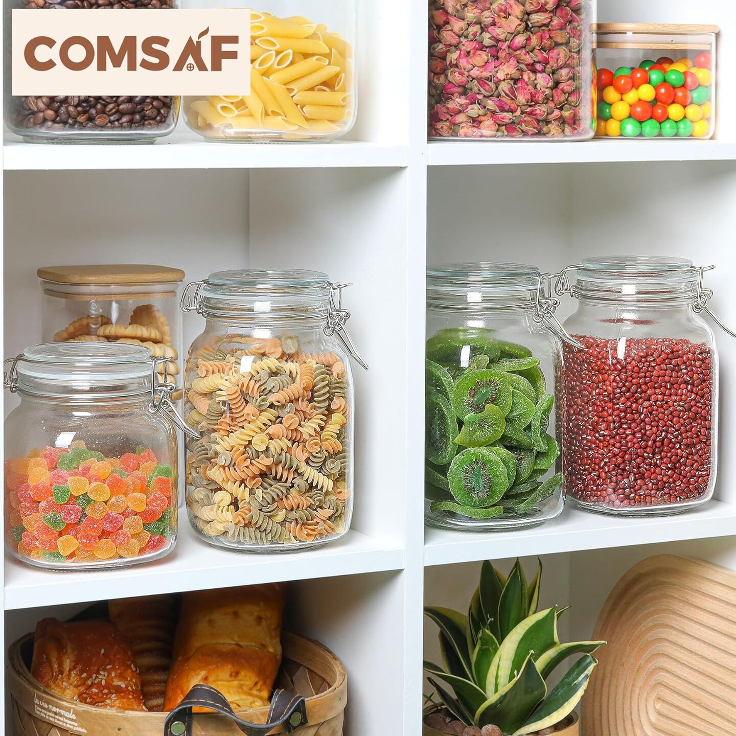 Airtight Glass Canister Set of 3 with Lids 50oz Clear Food Storage Jars Square, Kitchen &#x26; Pantry Organization Food Storage Container for Canning, Sugar, Flour, Pasta, Candy, Cereal, Coffee