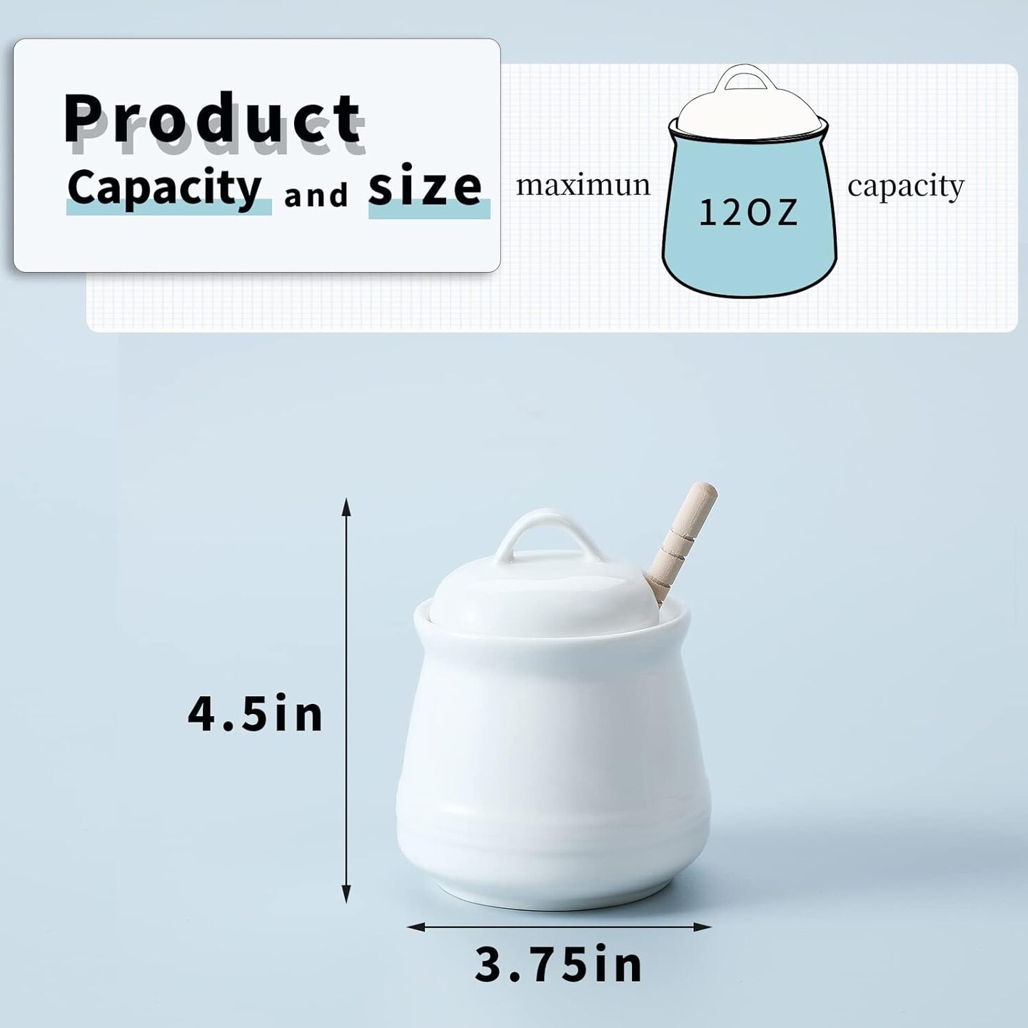 Ceramic Honey pot with Lid and Honey Dipper,Porcelain Honey Jar Easy to Clean and Dishwasher Safe,12oz (White)