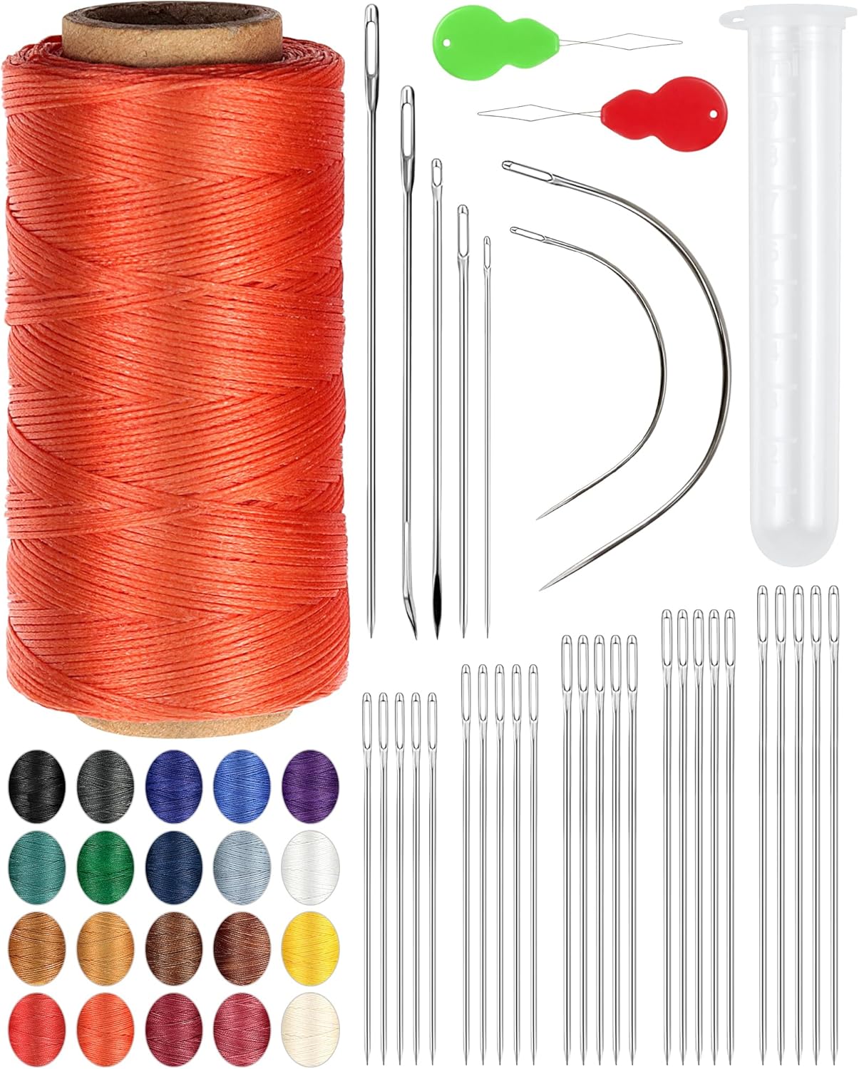 Leather Upholstery Sewing Waxed Thread: 218 Yards 210D Wax String Set with 30Large Eye Hand Sewing Needles,2 Curved Needle and 2 pcs Needle threaders