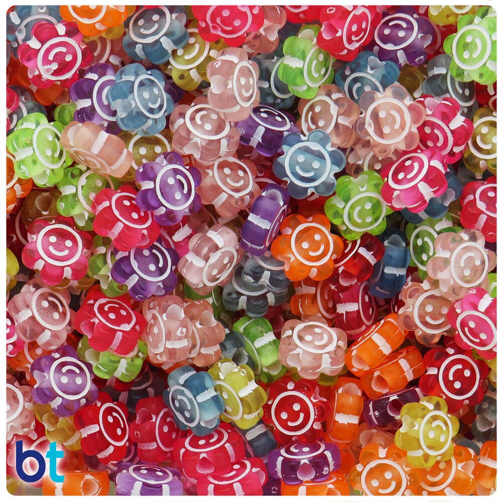 BeadTin Mixed Transparent 11mm Flower Plastic Alpha Beads - White Faces (150pcs)