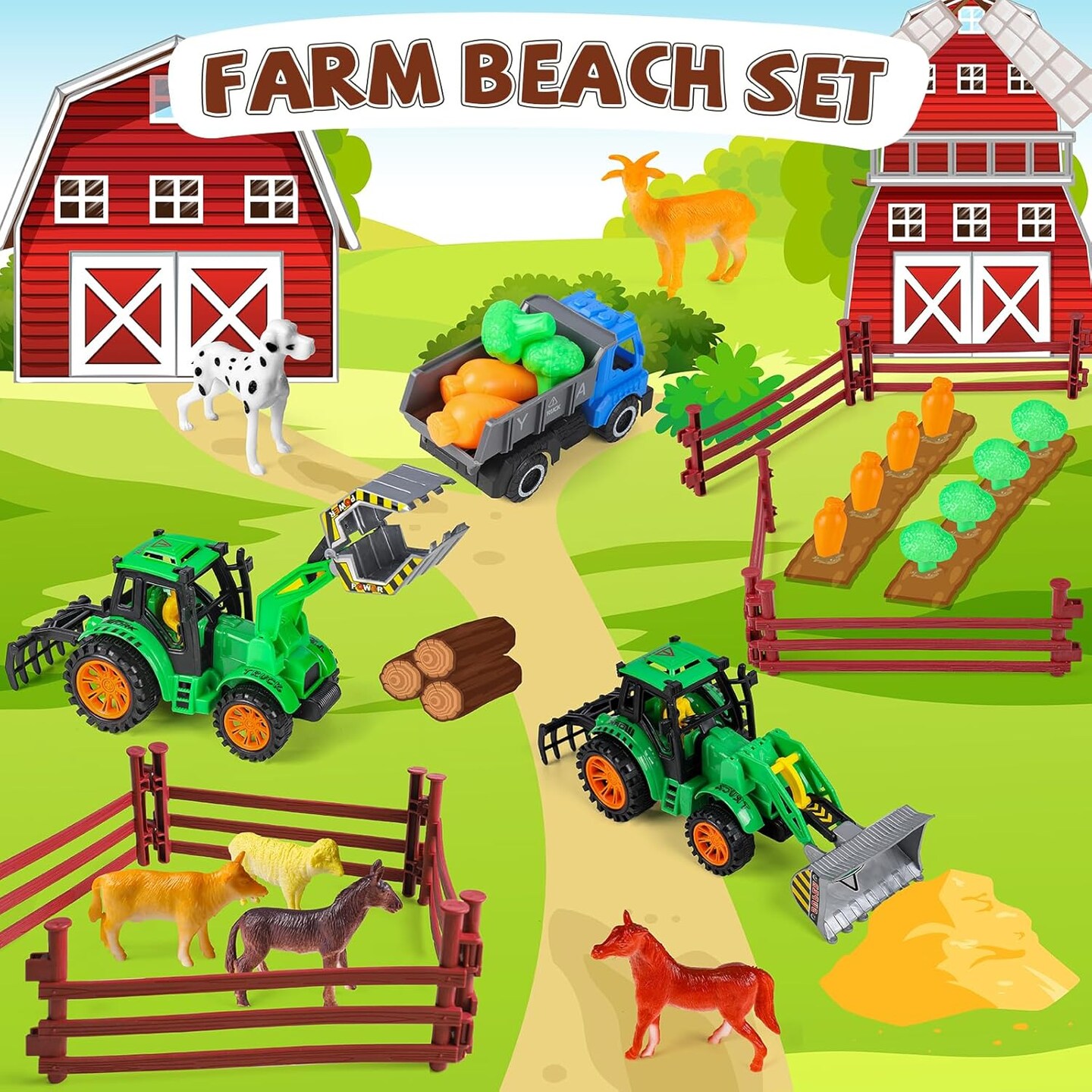 Summer Beach Toys, 45Pcs Farm Playset, Collapsible Sand Toys with Sand Buckets and Tractor Toy Set, Sand Castle Building Kit, Farm Toys, Animal Toys, Mesh Bag, Travel Beach Toys for Kids Ages 4-8