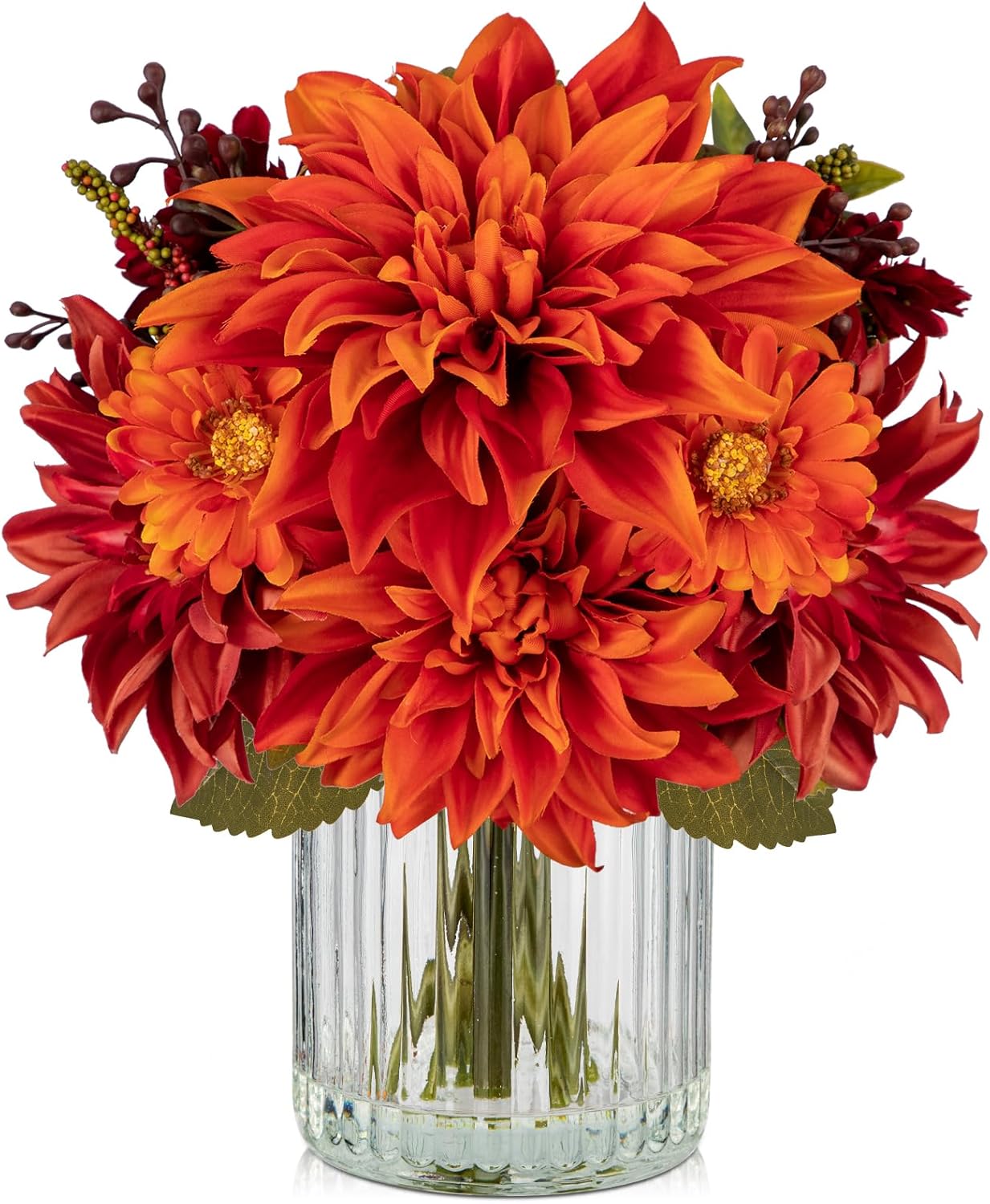 Fake Fall Flowers with Vase, Artificial Dahlia &#x26; Mum Silk Floral Arrangement with Glass Vase Faux Autumn Flowers Bouquet for Home Office Room Coffee Table Centerpiece Wedding Decoration