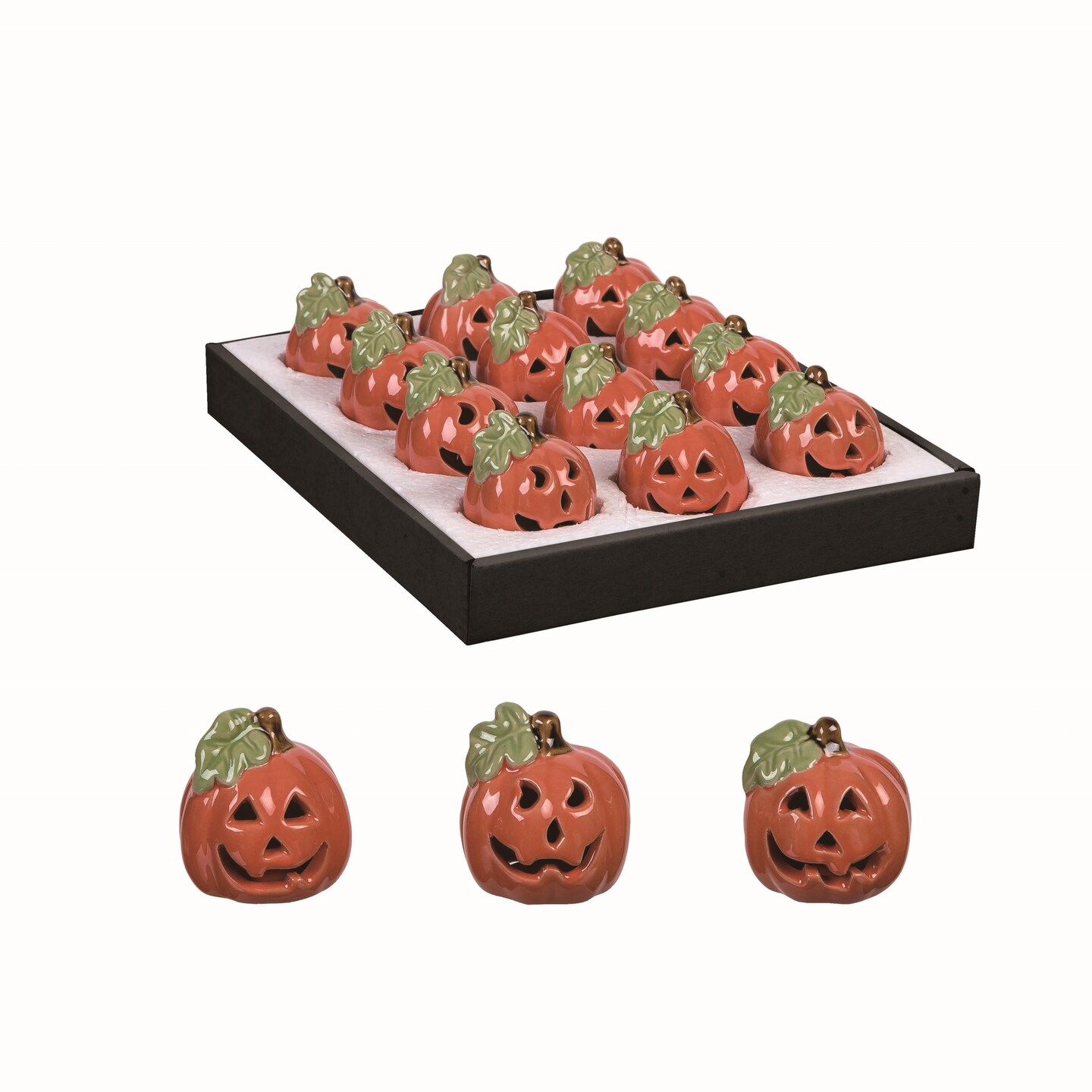 Transpac Ceramic Orange Halloween Jack-O-Lanterns, Set of 12 Mini Decorative Pumpkin Figurines, 1.97in, Indoor Tabletop Decor