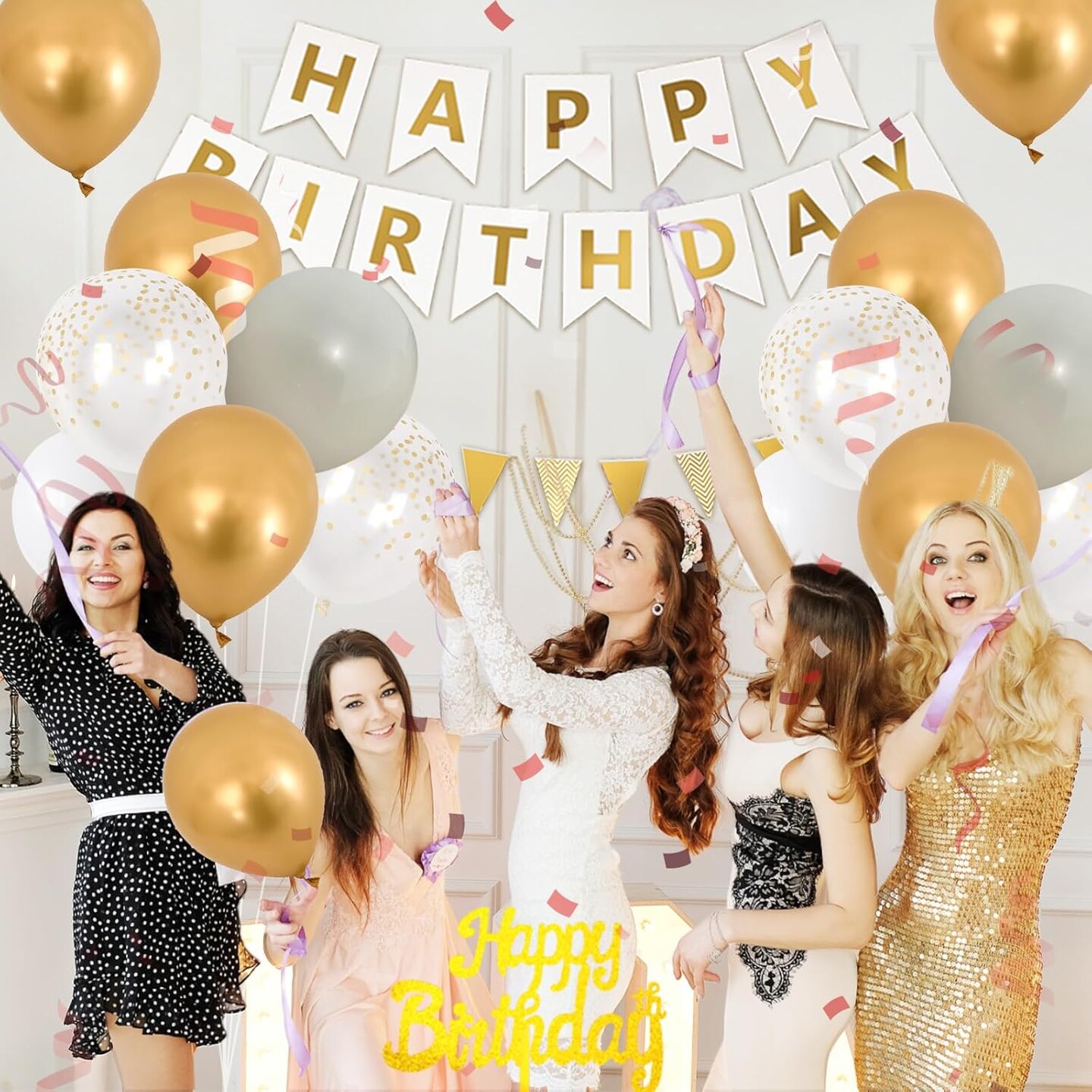 White Gold Birthday Decorations, White Cream Sand Beige Happy Birthday Decorations With Latex Helium Balloon Champagne Fringe Curtain Cake Topper Triangle Flag Banner For Girl Woman Party Supplies