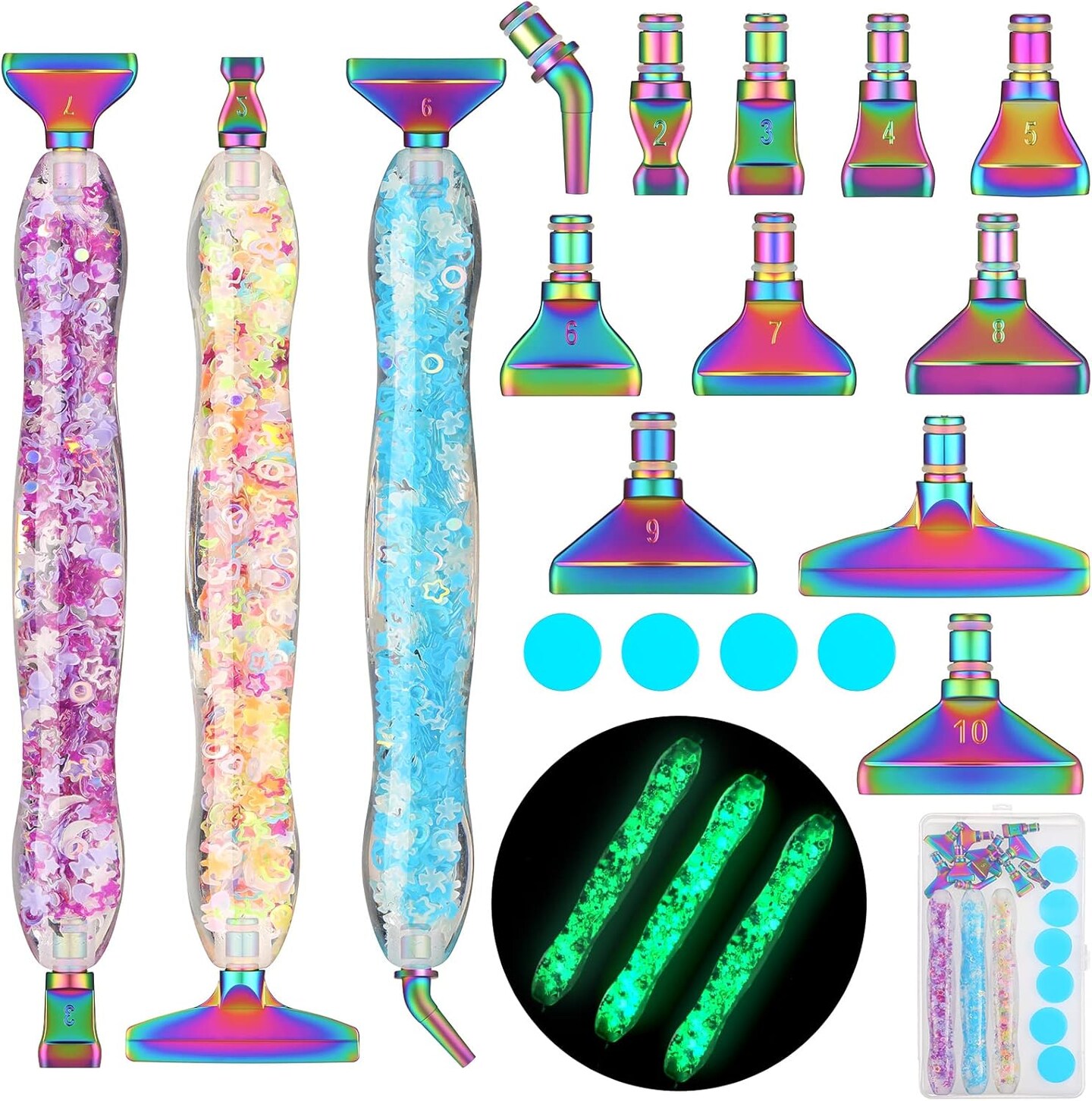22-piece luminous painting pen kit for DIY art, including metal pen tips, rhinestone picker tools with tips and wax, ideal accessories for adult paint-by-number projects