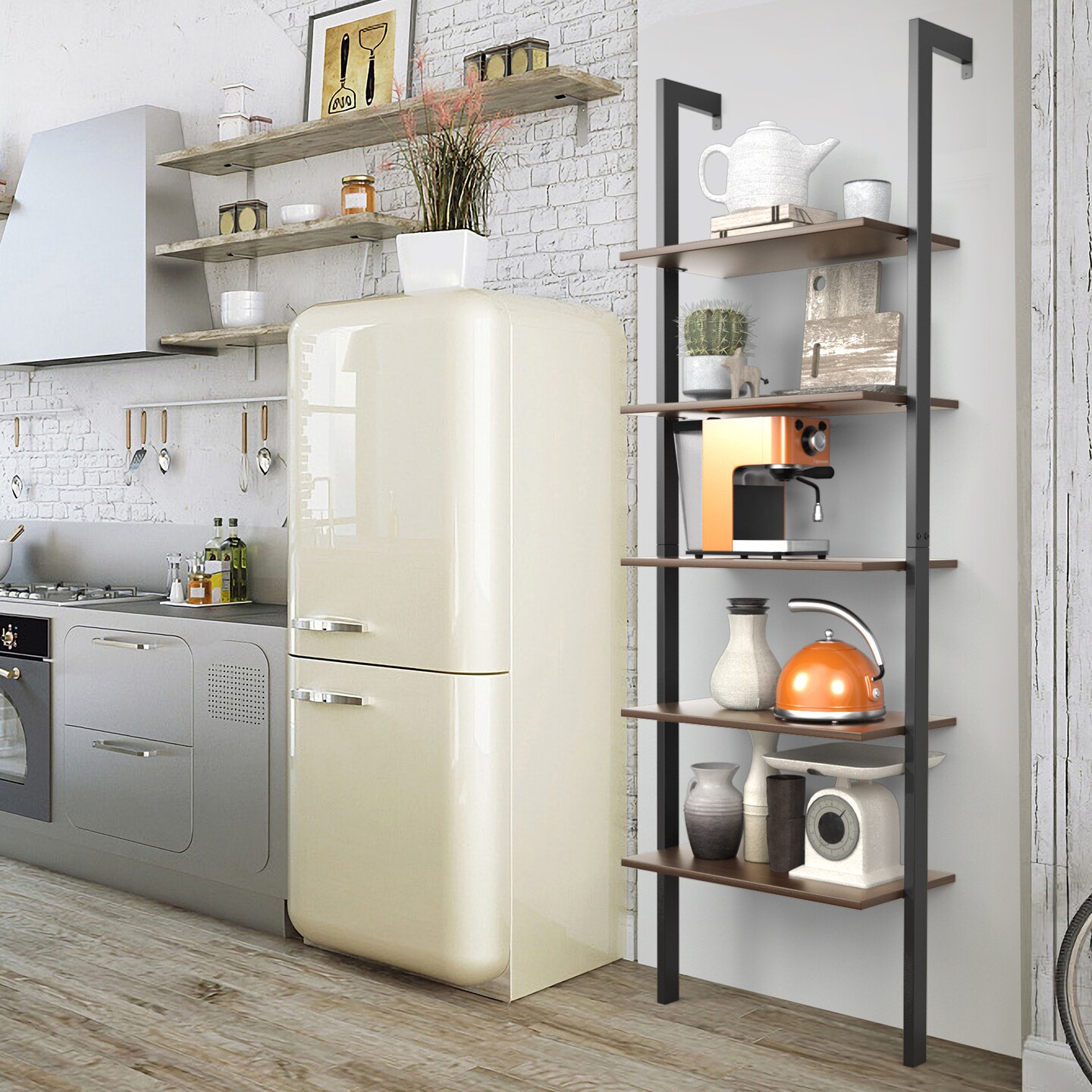 Steel Ladder Bookshelf, 5-Tier Wall-Mount Shelf Organizer for Home