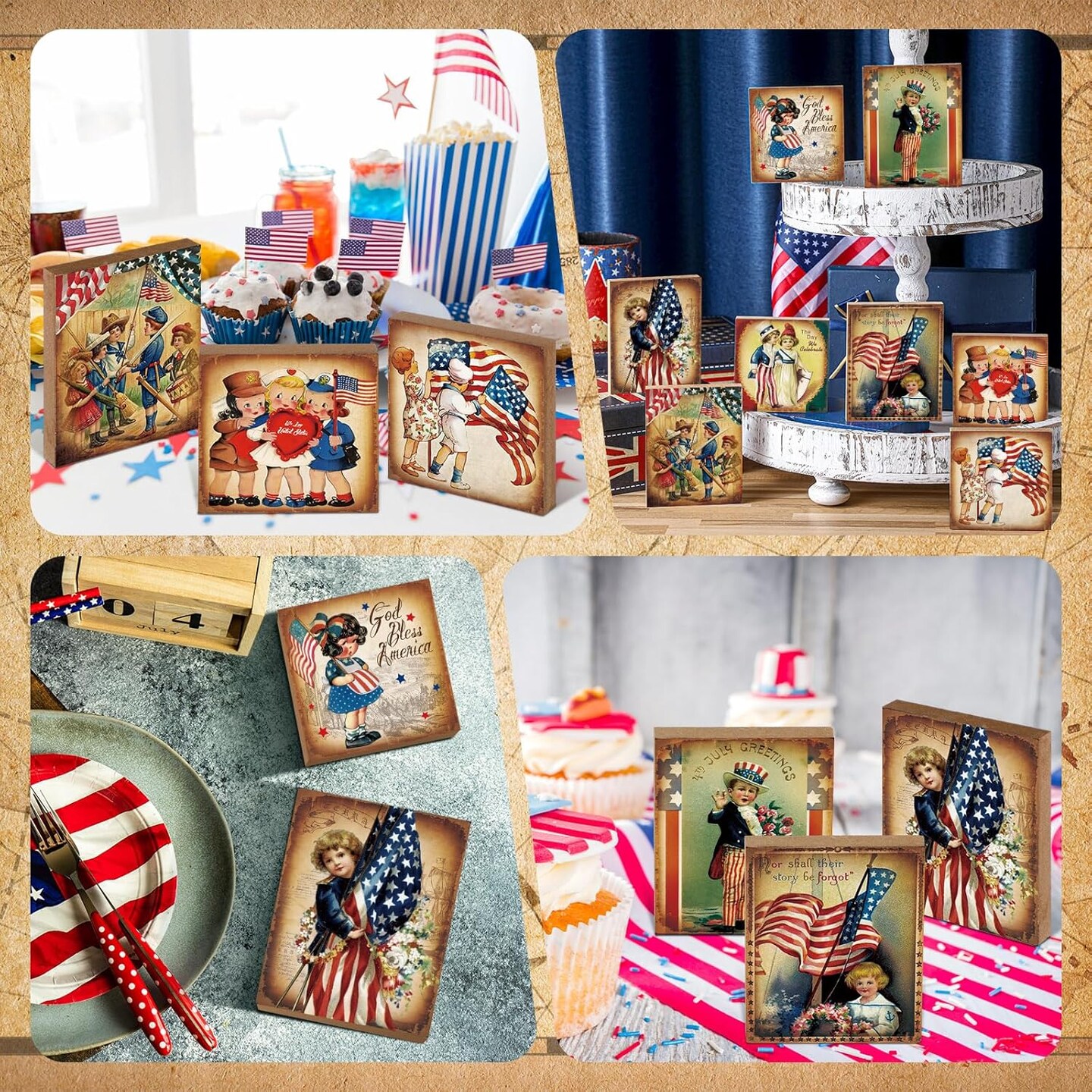 8 Pcs Vintage 4th of July Decorations Retro Patriotic Wooden Sign Independence Day Tabletop
