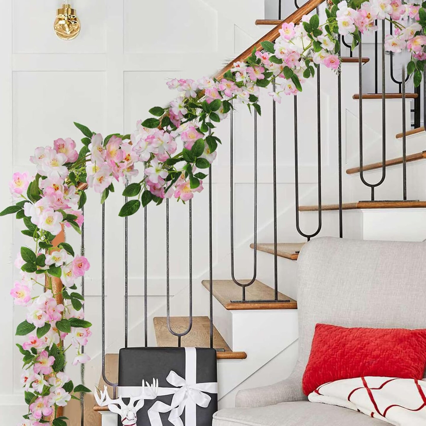 Artificial Cherry Blossom Flower Vine Pink Hanging Cherry Blossom Flower Silk Garland Hanging Vines Faux Flowers for Outdoors Spring Wedding Party Home Table Centerpiece Arrangement Decor