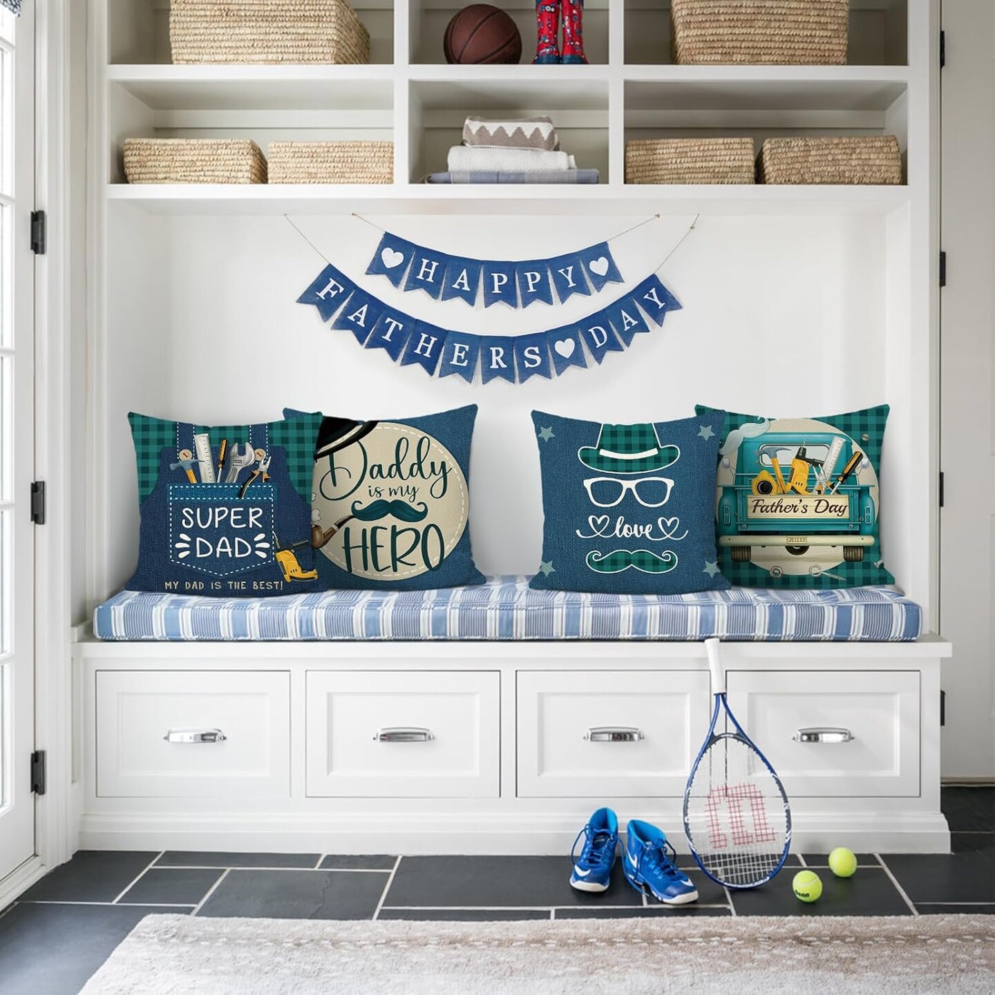 Father&#x27;s Day Throw Pillow Covers 18 x 18 Inch Moustache Vintage Car Daddy is My Hero Navy Blue Decorative Pillow Cases for Papa Grandpa Birthday Home Decor Set of 4
