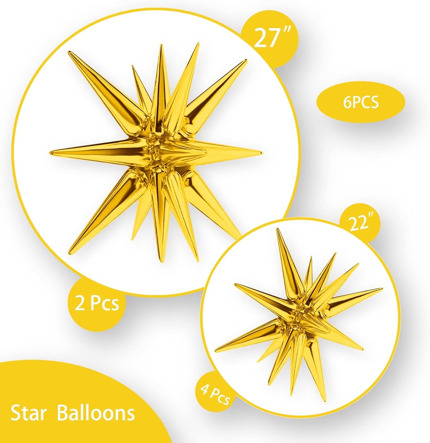 6Pack Star Foil Balloons Gold Explosion 14 Point Cone Balloons Magic Starburst Balloons Large for Wedding Anniversary Backdrop Birthday Party Decorations(27&#x26;22 inch)