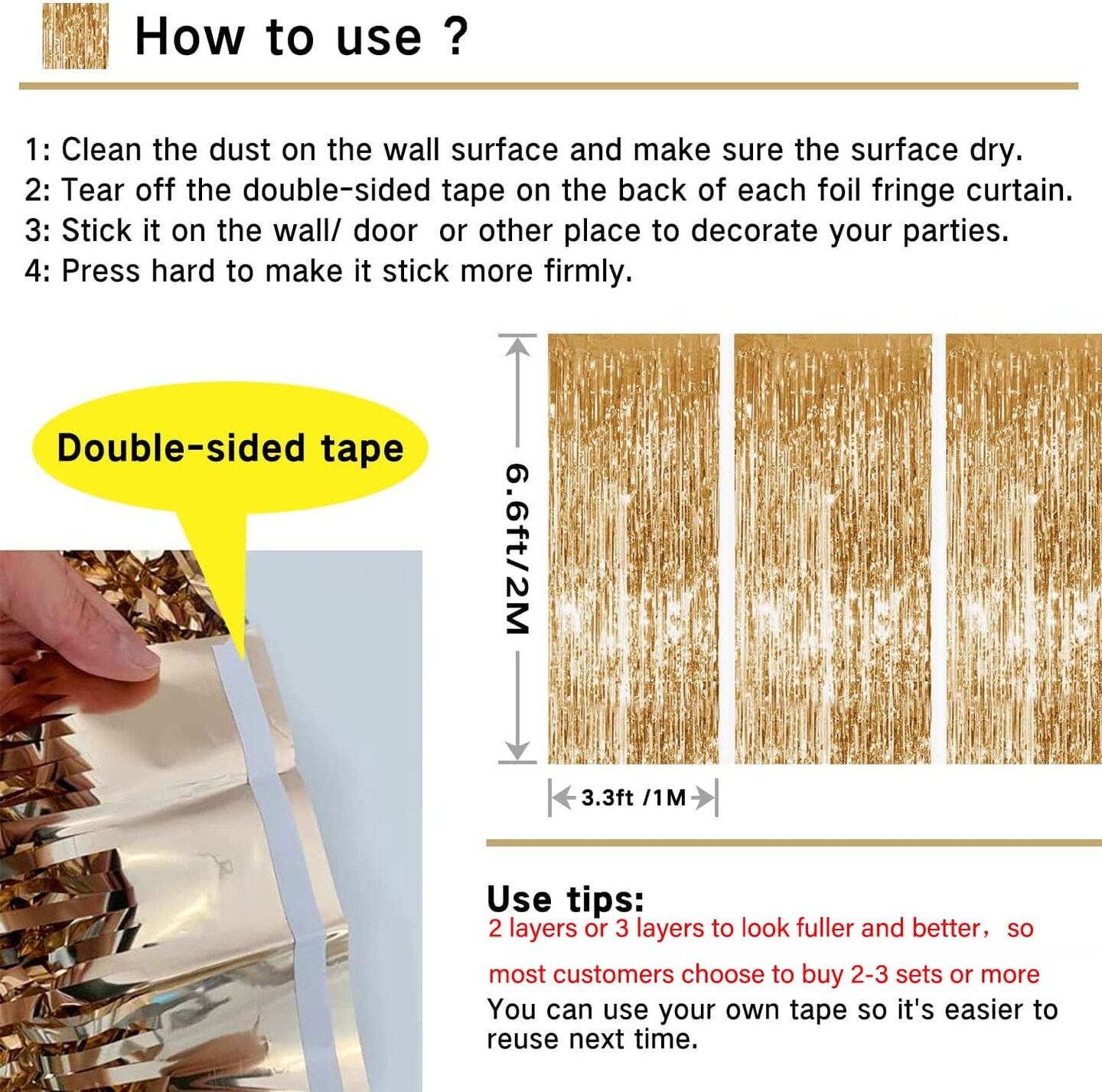 3-Pack Gold Metallic Foil Fringe Curtains 3.3x6.6ft Party Backdrop Decorations