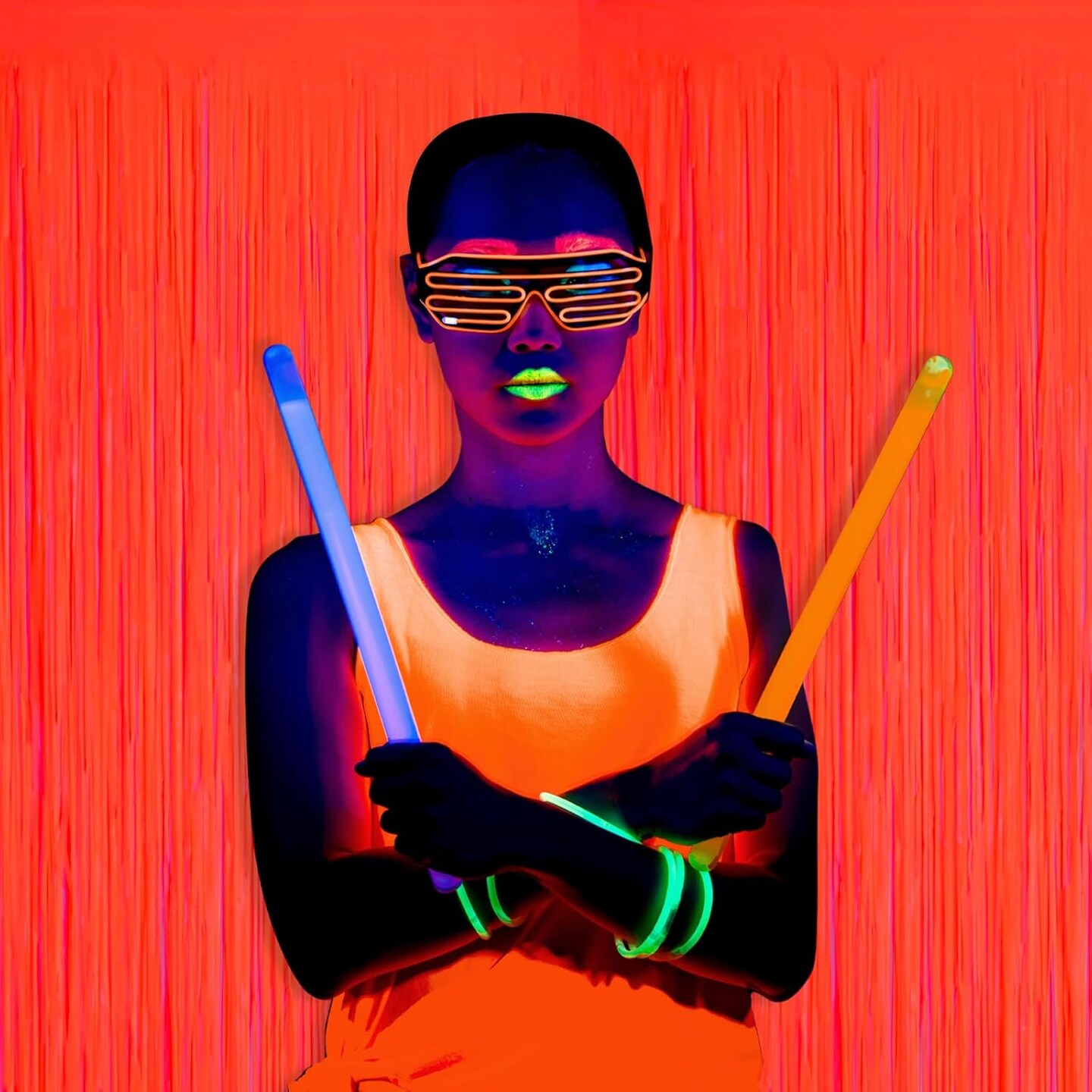 Glow in The Dark Party Supplies, 2 Pack Neon Party Decorations 6.6 x 6.6 ft Fluorescent Macaron Orange Tinsel Foil Fringe Curtains, Photo Booth Prop Backdrop Streamer, Birthday Party Decor