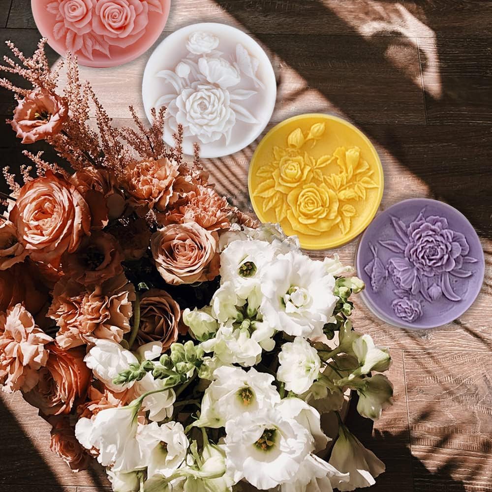 2PCS Round Flower Soap Molds for Soap Making, Rose Resin Candle Mold Silicone, Bath Bombs Lotion Bar Silicone Mold, 3D Mold