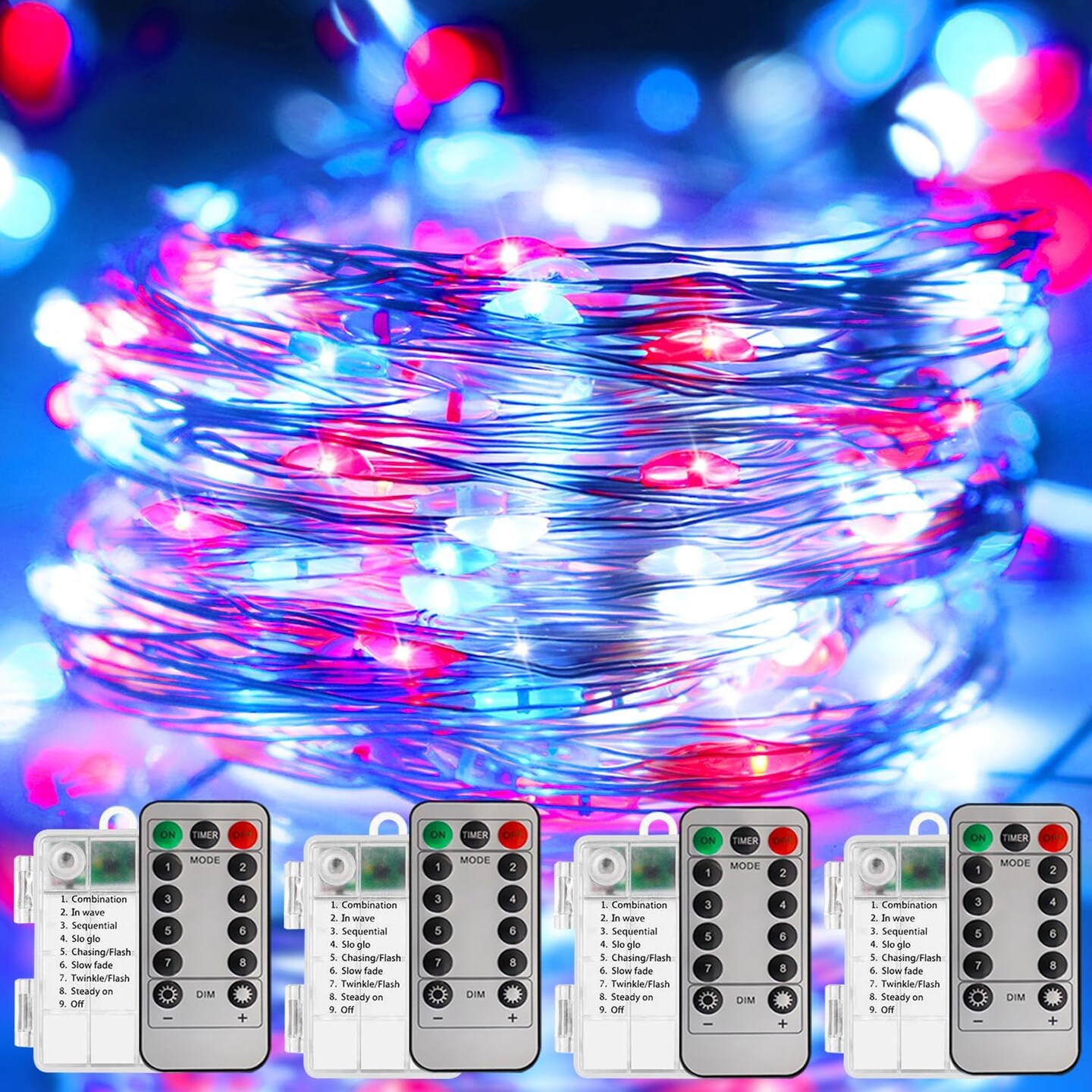 4th of July Decorations Fairy Lights - Red White Blue String 100LED Copper Battery Operated Remote Control Patriotic for Independence Memorial Day - 4 Pack