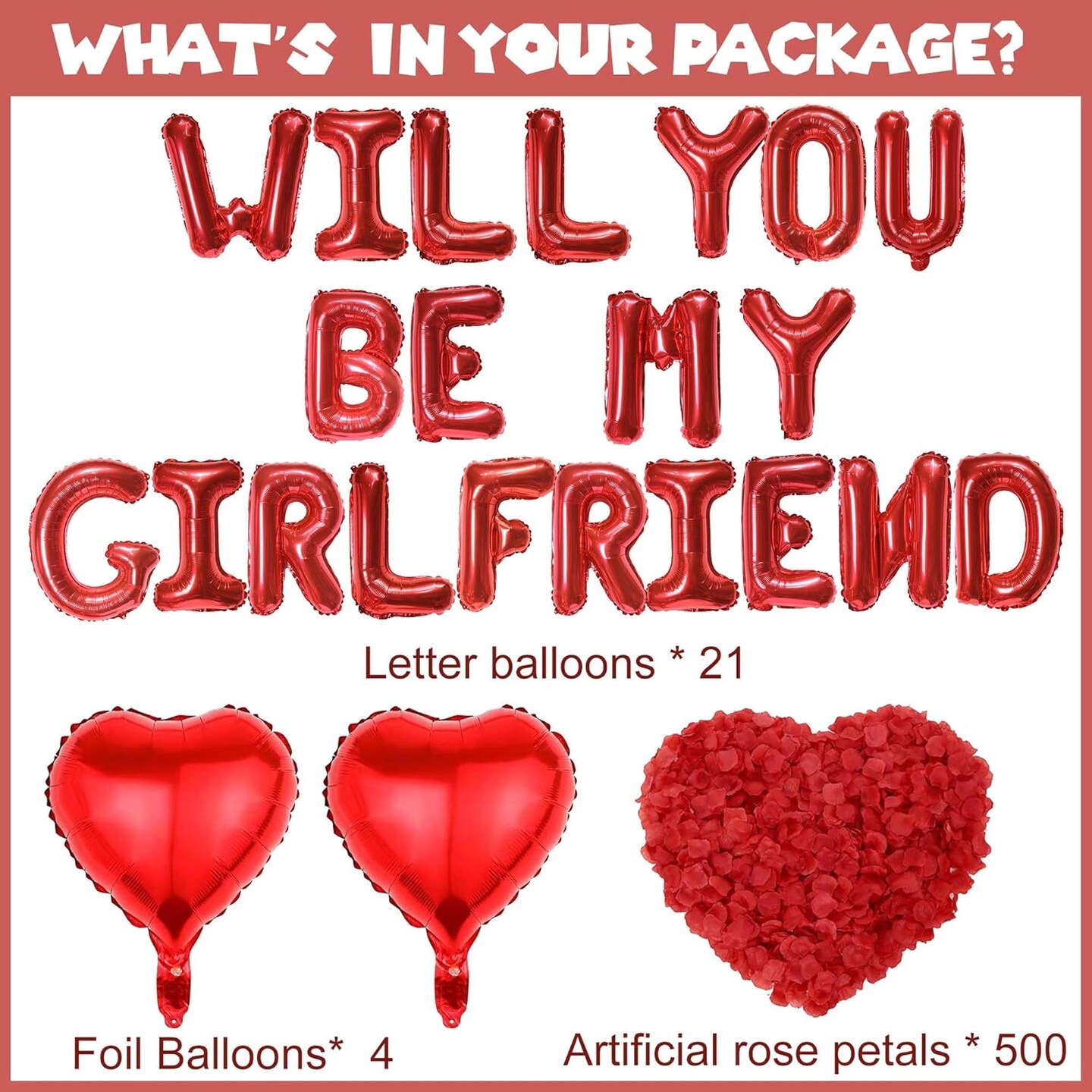Will You Be My Girlfriend - Letter Foil Balloons Decorations 4 Pcs Red Heart Balloon and 500 Pcs Artificial Rose Petals For Proposal Wedding Valentine Day Decor Supplies